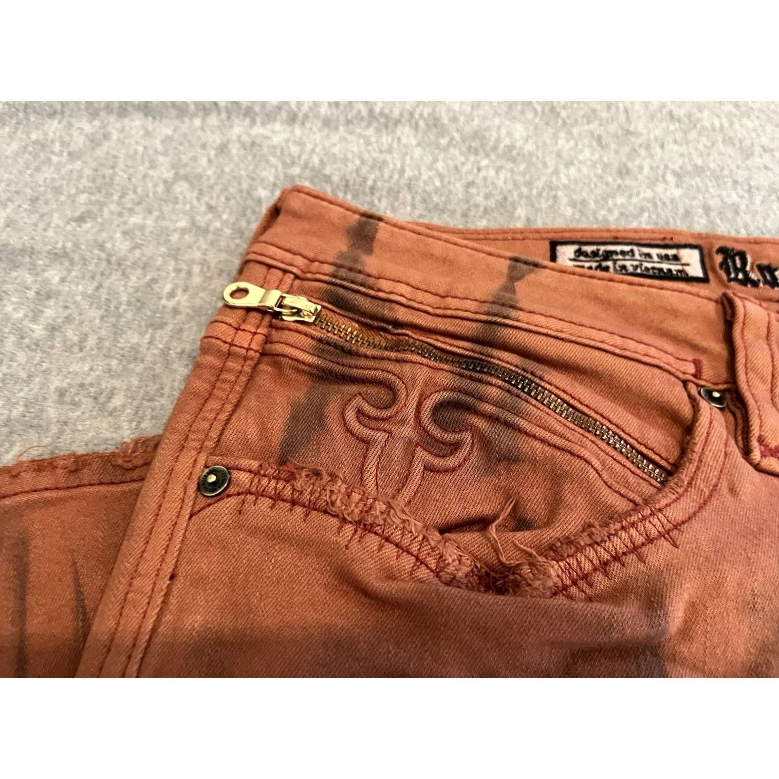 Vintage Rock Revival Jeans Distressed Orange Denim Mens 42x32 NWT Moto Biker Cotton/Elastane Jeans Mens Size US 42 / EU 58 - 4 Thumbnail