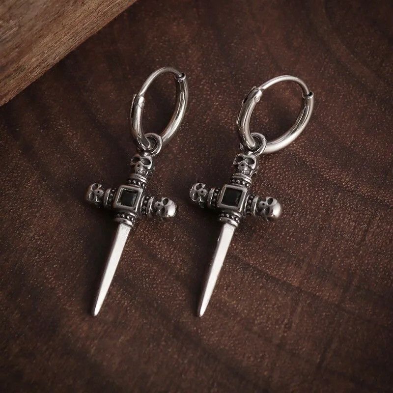 Jewelry Skull Head Sword Cross Dangle Earrings in Silver, Women's