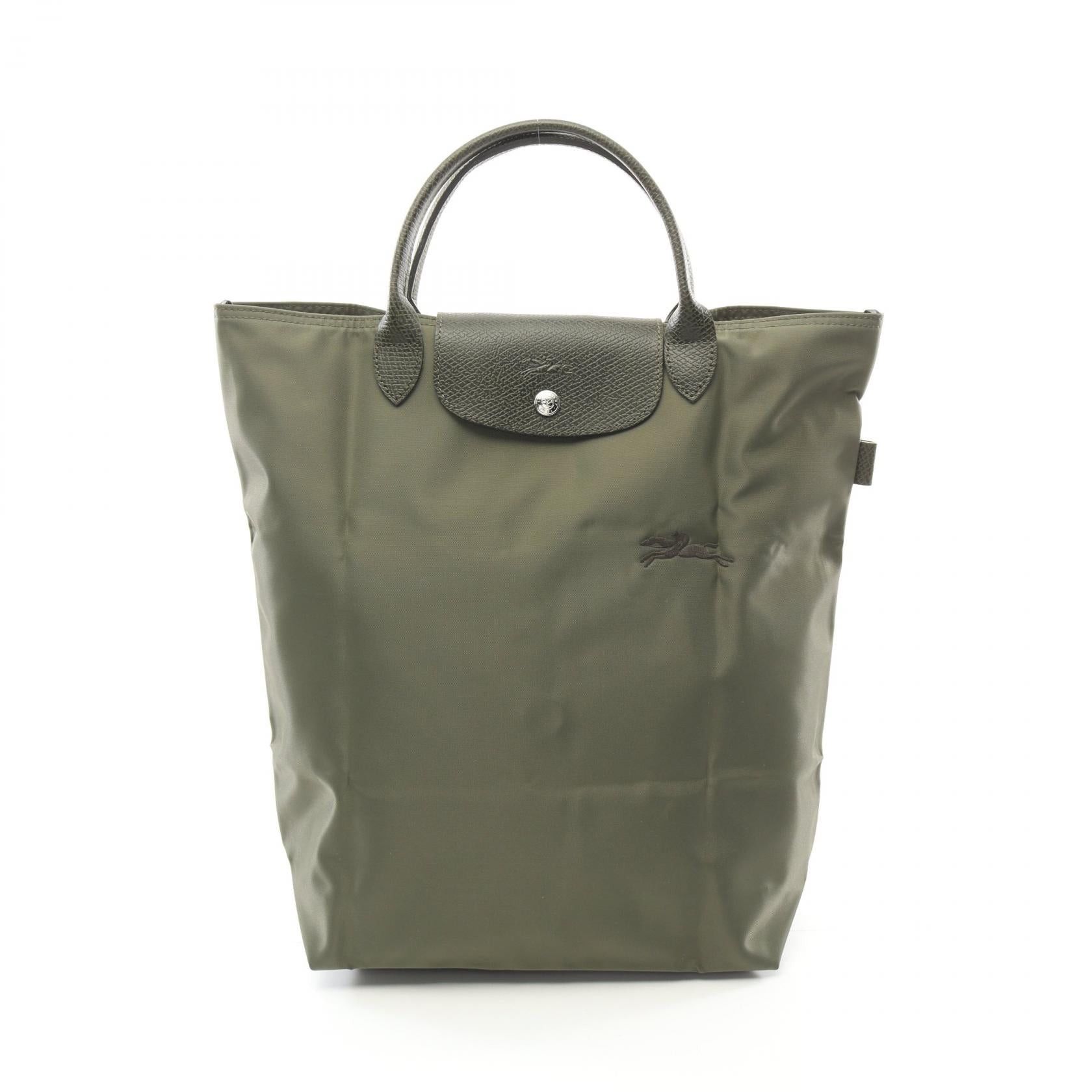 Longchamp Le Preage Green M Shopping Bag Handbag Tote Canvas Leather Khaki