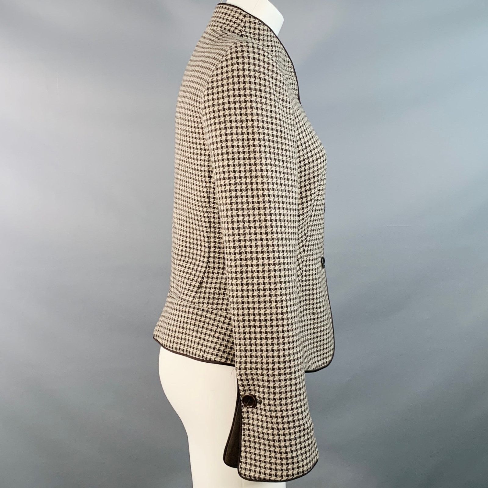 Armani Collezioni Size 6 Brown Tan Wool Houndstooth Collarless Jacket Blazer Size M / US 6-8 / IT 42-44 - 3 Thumbnail