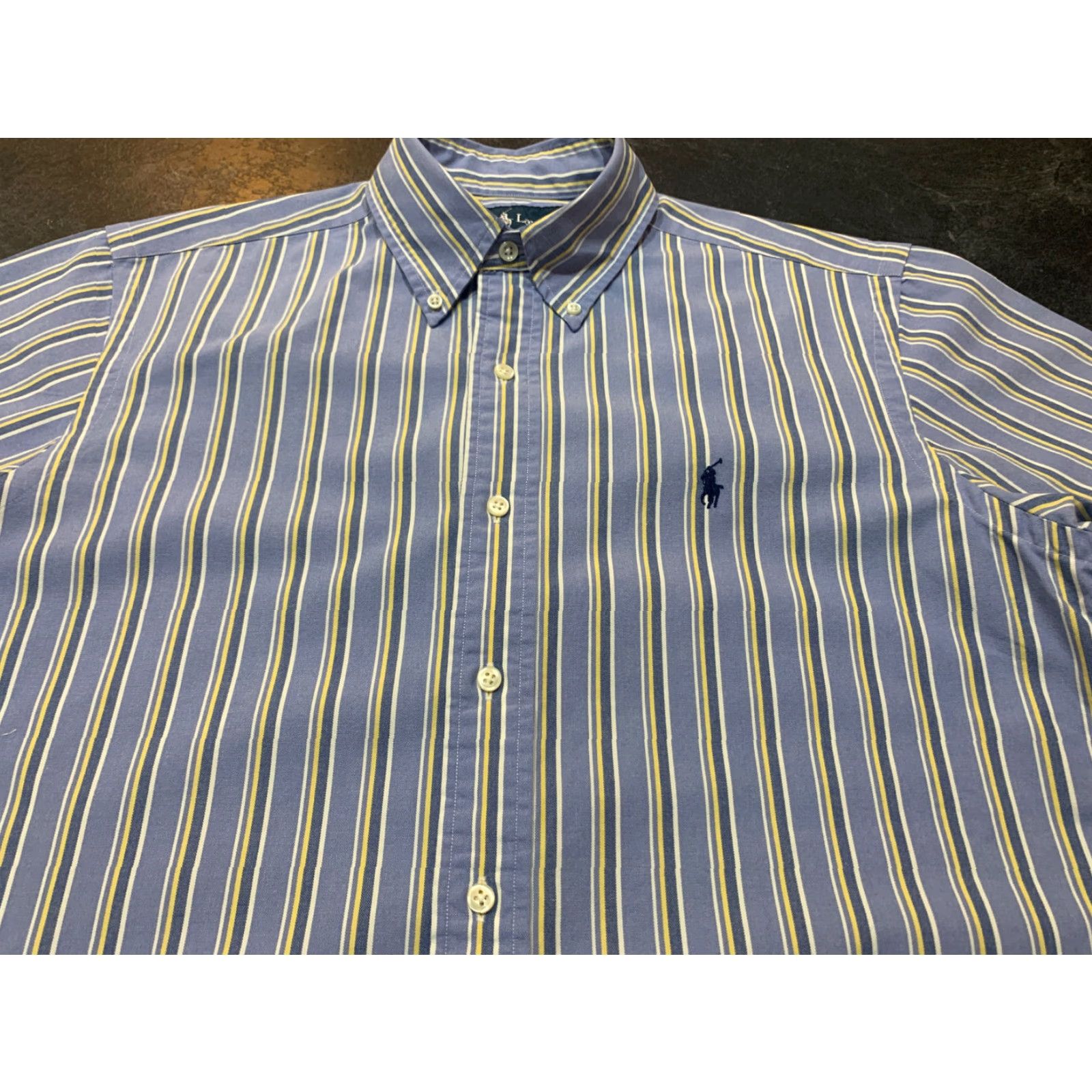 Ralph Lauren Ralph Lauren Mens Cotton Button Down Short Sleeve Blue Striped Medium Size US 31 - 3 Thumbnail