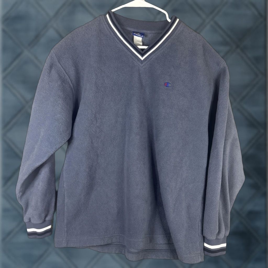 Champion Champion Sweatshirt Mens XL Blue V-Neck Fleece Pullover Logo C Striped Trim Pullover, All Seasons, Polyester, Regular Fit, Winter, Long Sleeve Size US XL / EU 56 / 4 - 1 Thumbnail