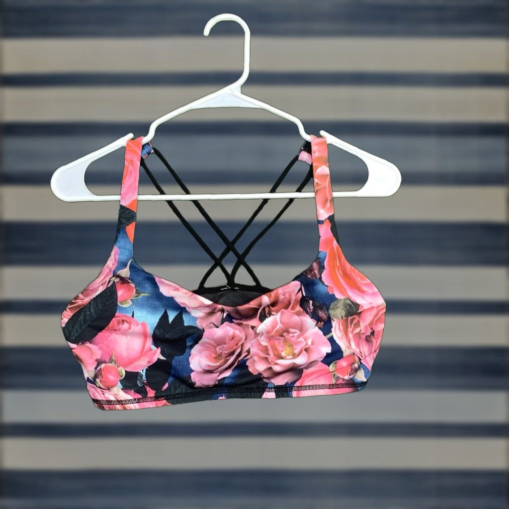 Lululemon Sports Bra Energy Crossback Gym Top Womens 10 Pink Floral Activewear (Size Large)