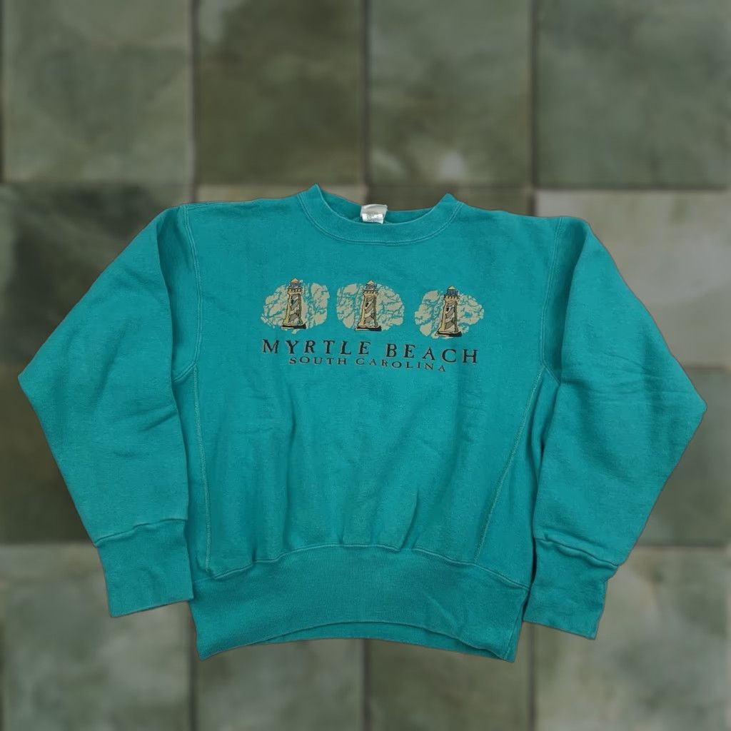 VINTAGE Myrtle Beach Sweatshirt Womens Small Blue Pullover Lighthouse Beach 90s