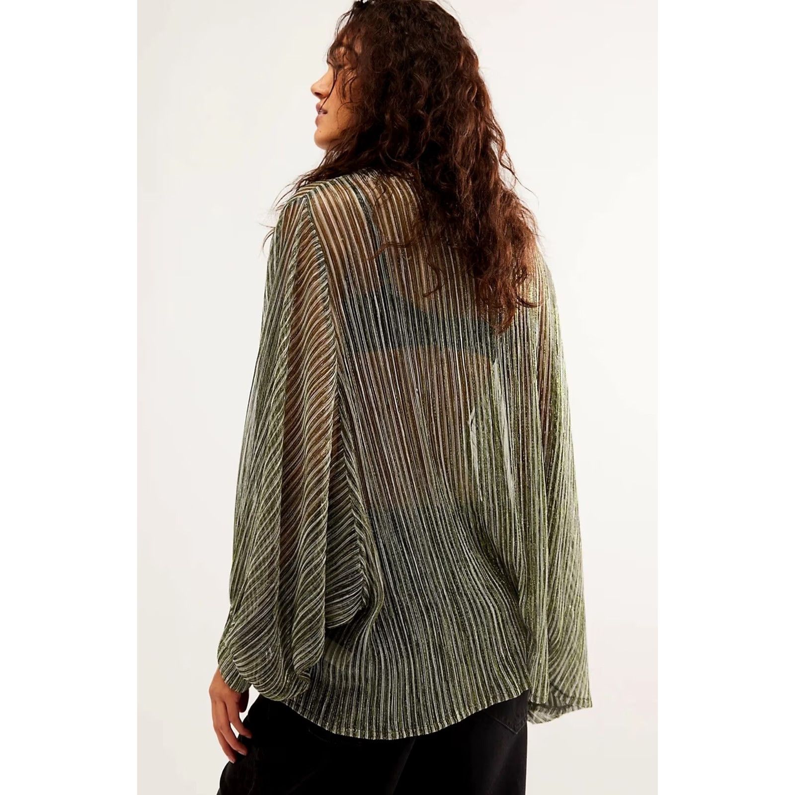 Free People Free People Women Patina Green Shimmer Striped Open Front Kimono Cardigan OS Size ONE SIZE - 2 Thumbnail