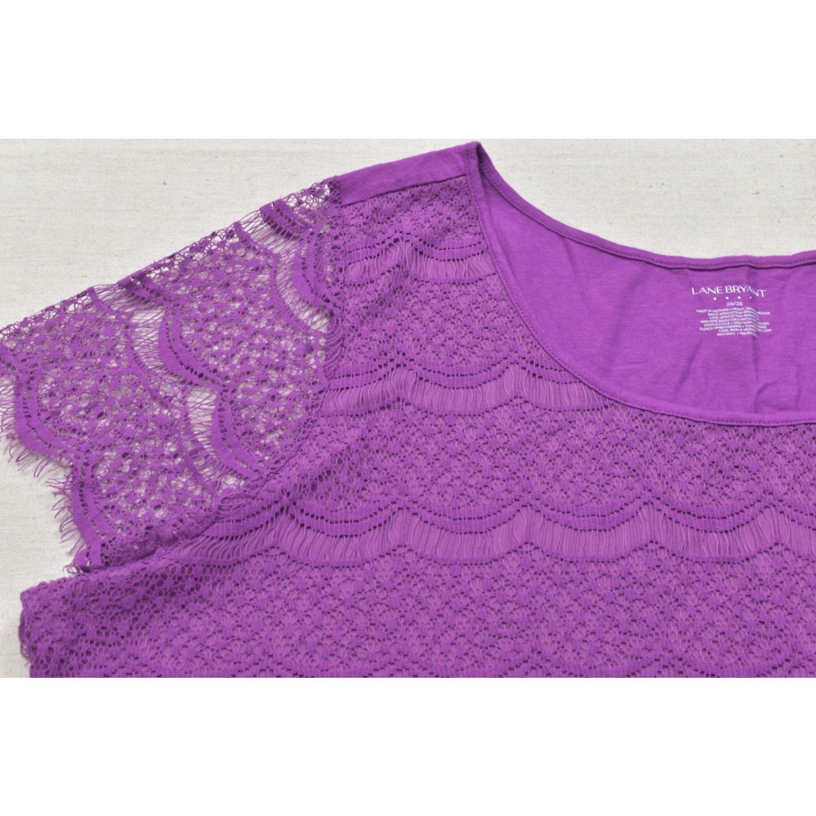 Vintage Lane Bryant Blouse Women 24 Plus Purple Lace Front Short Sleeve Knit Back Casual Top Size 4XL / US 24-26 - 6 Thumbnail