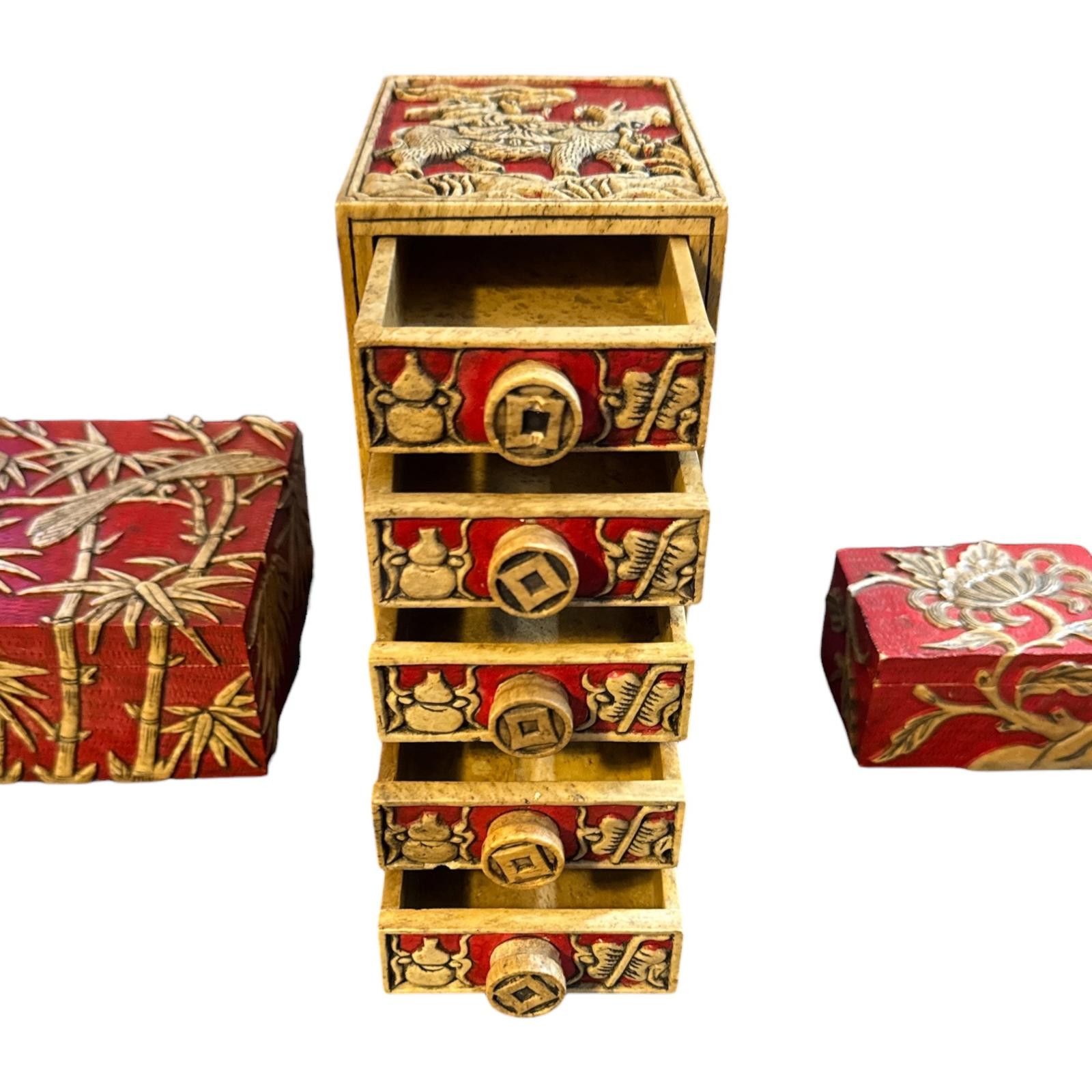 2120 Handcrafted 3 Vintage Asian-Inspired Red and Gold Decorative Stone Boxes Size ONE SIZE - 5 Thumbnail