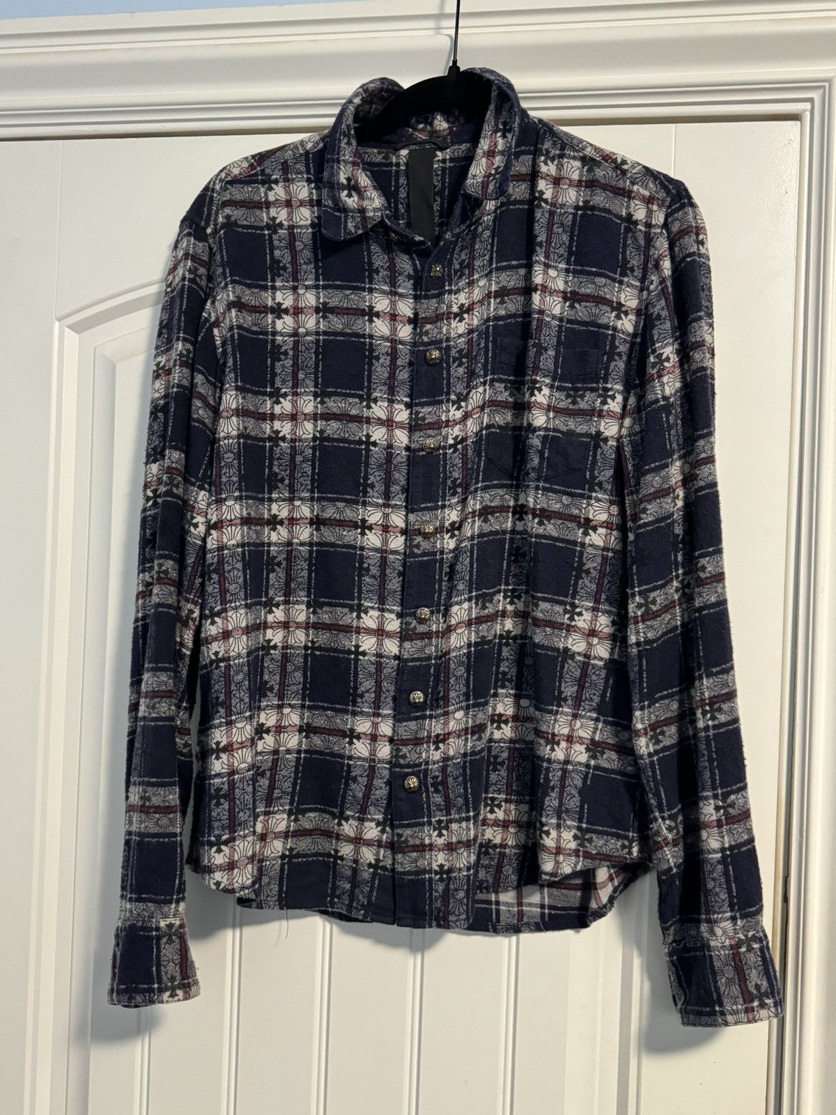 image of Chrome Hearts Patched Loose Ends Flannel in Blue, Men's (Size Medium)