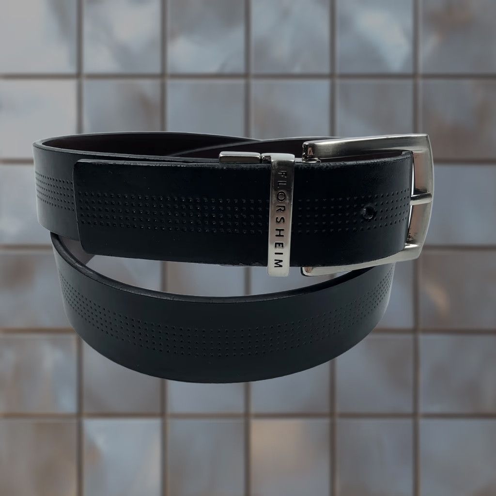 Florsheim Florsheim Belt Reversible Leather Black Brown Silver Buckle Belt Men 32 Perforated Engraved Logo Dress Casual Size 32 - 1 Thumbnail