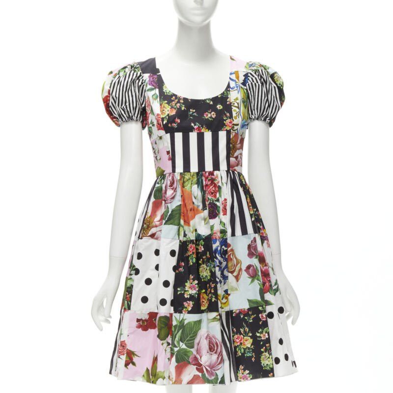 Dolce & Gabbana DOLCE GABBANA 2021 Sicilian Patchwork puff sleeve cotton poplin dress IT38 XS Size XS / US 0-2 / IT 36-38 - 1 Thumbnail