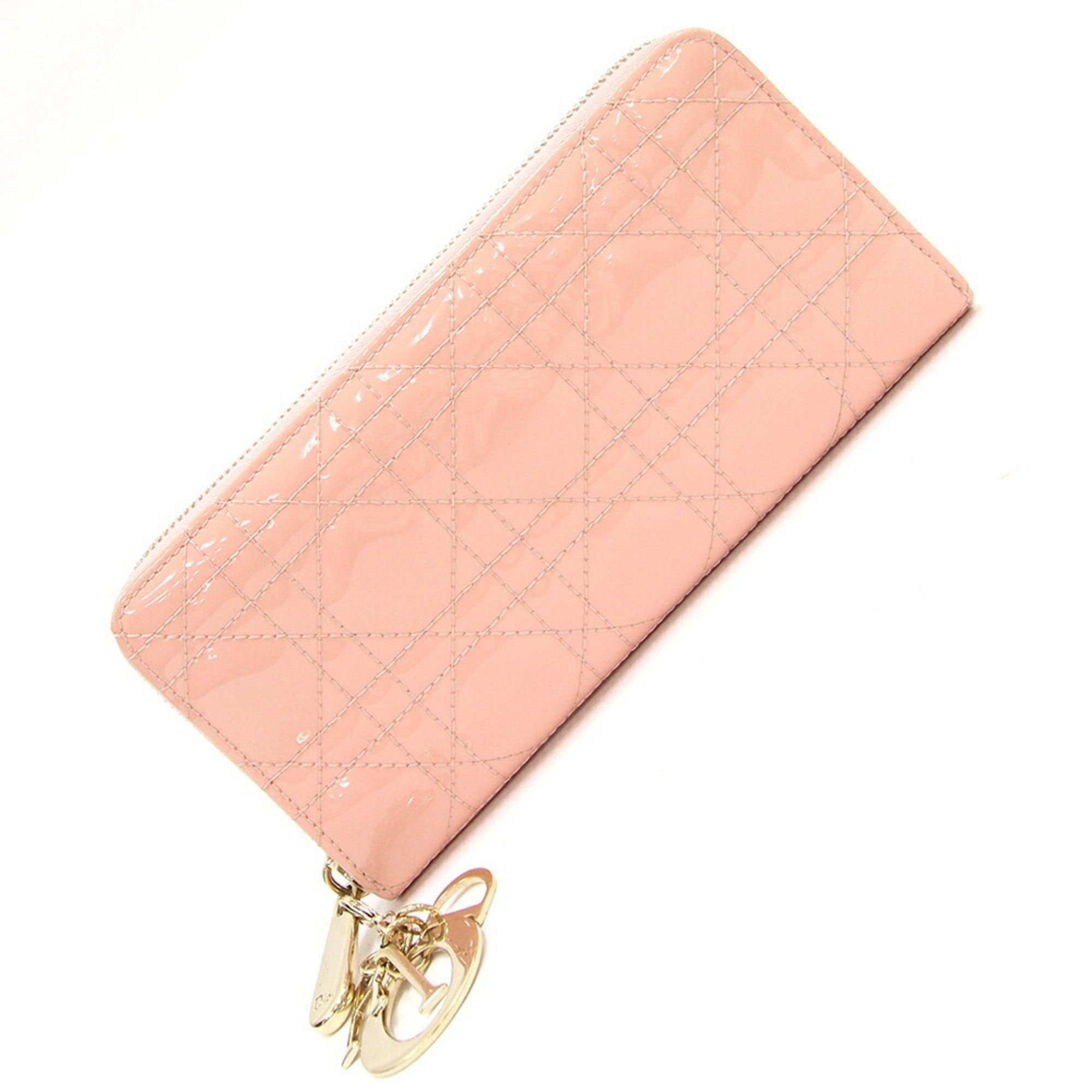 image of Christian Dior Dior Round Long Wallet Lady Voyageur S0007Ovrb Pink Patent Leather Stitching Quiltin