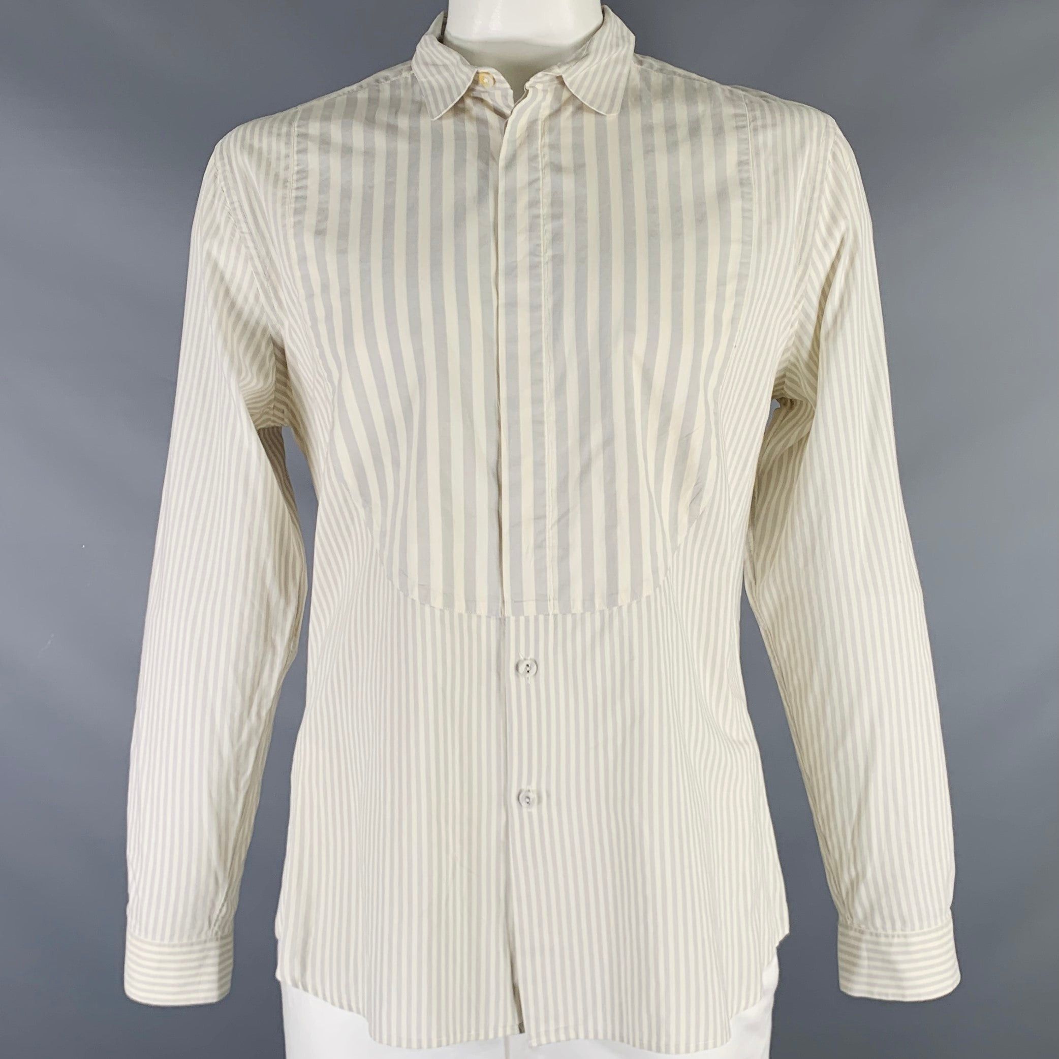 Image of Paul Smith Grey Beige Stripe Cotton Button Up Long Sleeve Shirt, Men's (Size 2XL)