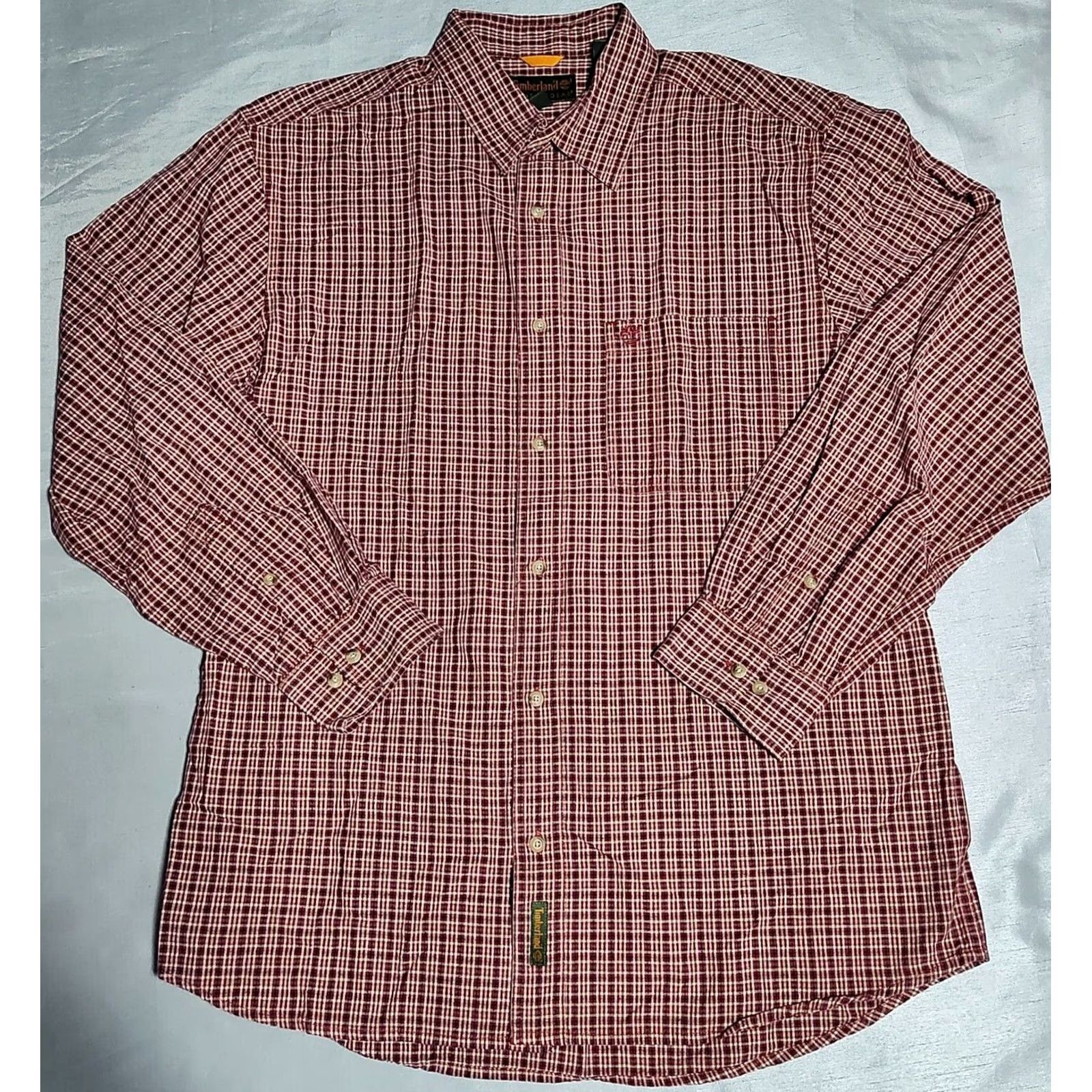 Timberland TIMBERLAND WEATHER GEAR Men Large Burgundy Check 100% Cotton Button-Up Shirt Size US L / EU 52-54 / 3 - 2 Thumbnail