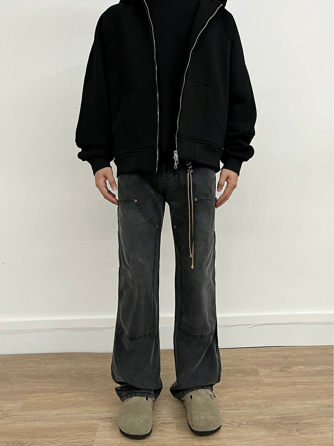 double knee washed faded flared pants