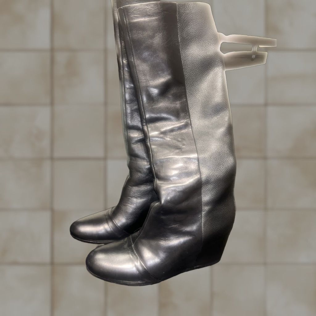 Vince Vince Madison Black Leather Wedge Boots 7 1/2 Knee Hi Lined Dress Boot Womens Size US 7 / IT 37 - 1 Thumbnail