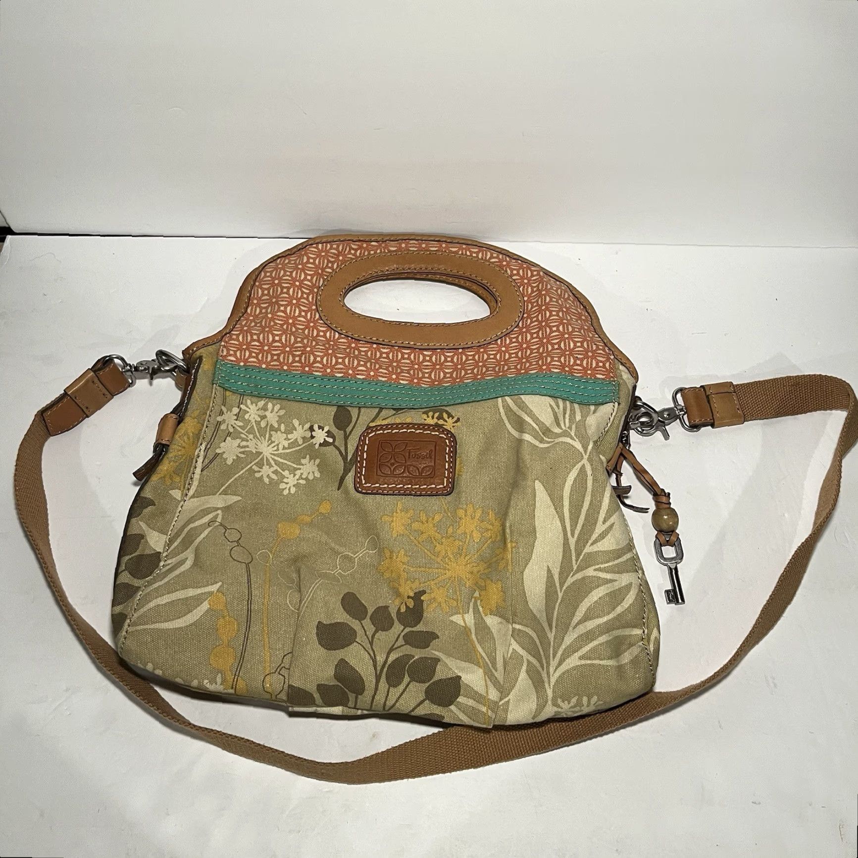 Fossil Fossil Key Purse Satchel Bag Large Canvas Tote Tan Floral Bohemian With Strap - Fossil Satchel Bag, Bohemian Floral Canvas Tote, Key Purse, Tan Strap Size ONE SIZE - 2 Thumbnail