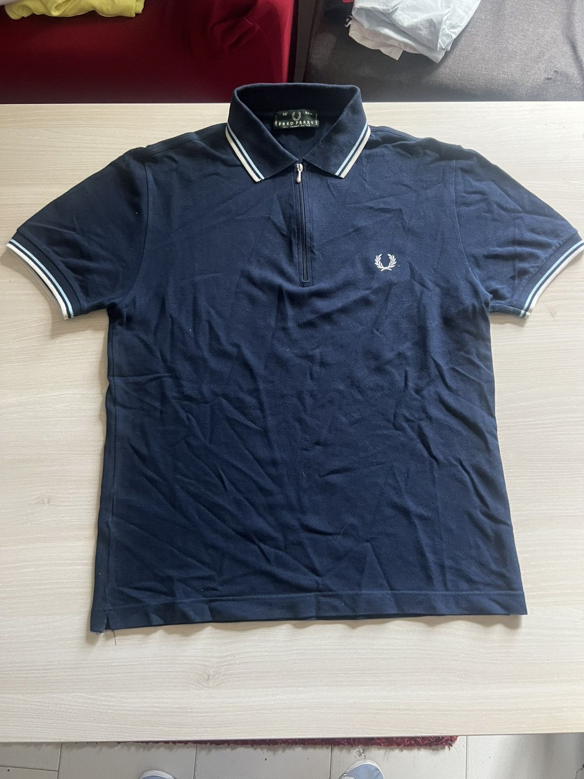 Fred Perry Fred Perry Navy Polo w/ Zip Neck – White & Blue Ribbed Trim Size US S / EU 44-46 / 1 - 1 Thumbnail