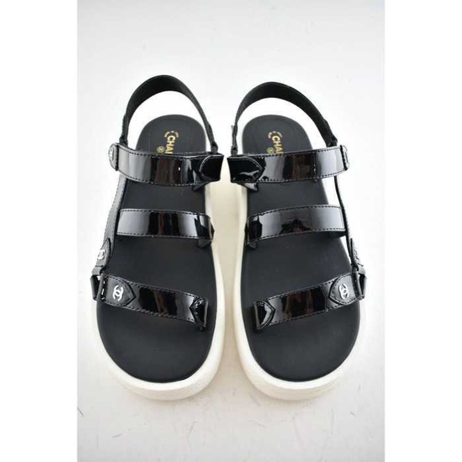 Chanel Chanel 20C Black Patent White CC Logo Mule Slide Strap Size US 10.5 / IT 40.5 - 7 Thumbnail