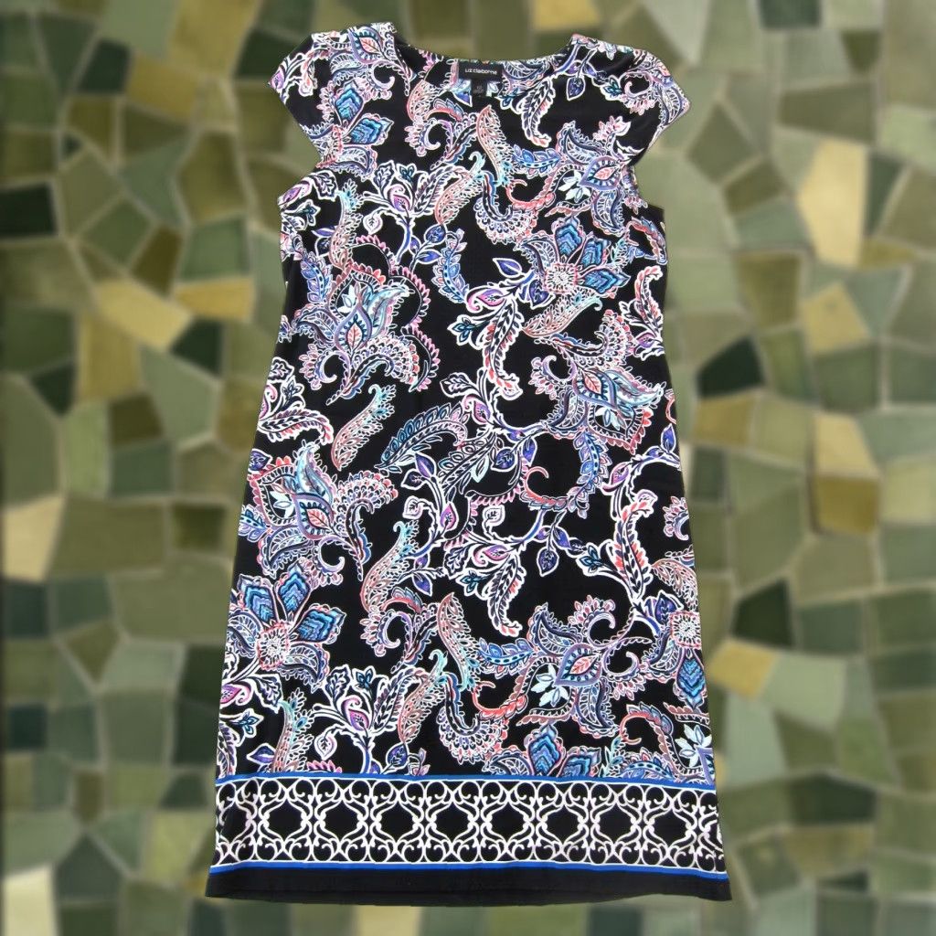 Liz Claiborne Liz Claiborne Shift Dress Cap Sleeve Black 12 Women's Paisley Floral Stretch Knee Length Size XL / US 12-14 / IT 48-50 - 1 Thumbnail