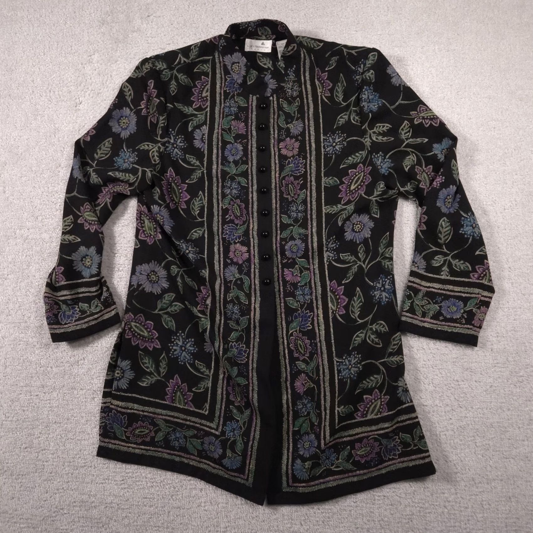Liz Claiborne Liz Claiborne Jacket Womens 12 Black Floral Border Print Tunic Long Sleeve Top Size XL / US 12-14 / IT 48-50 - 2 Thumbnail