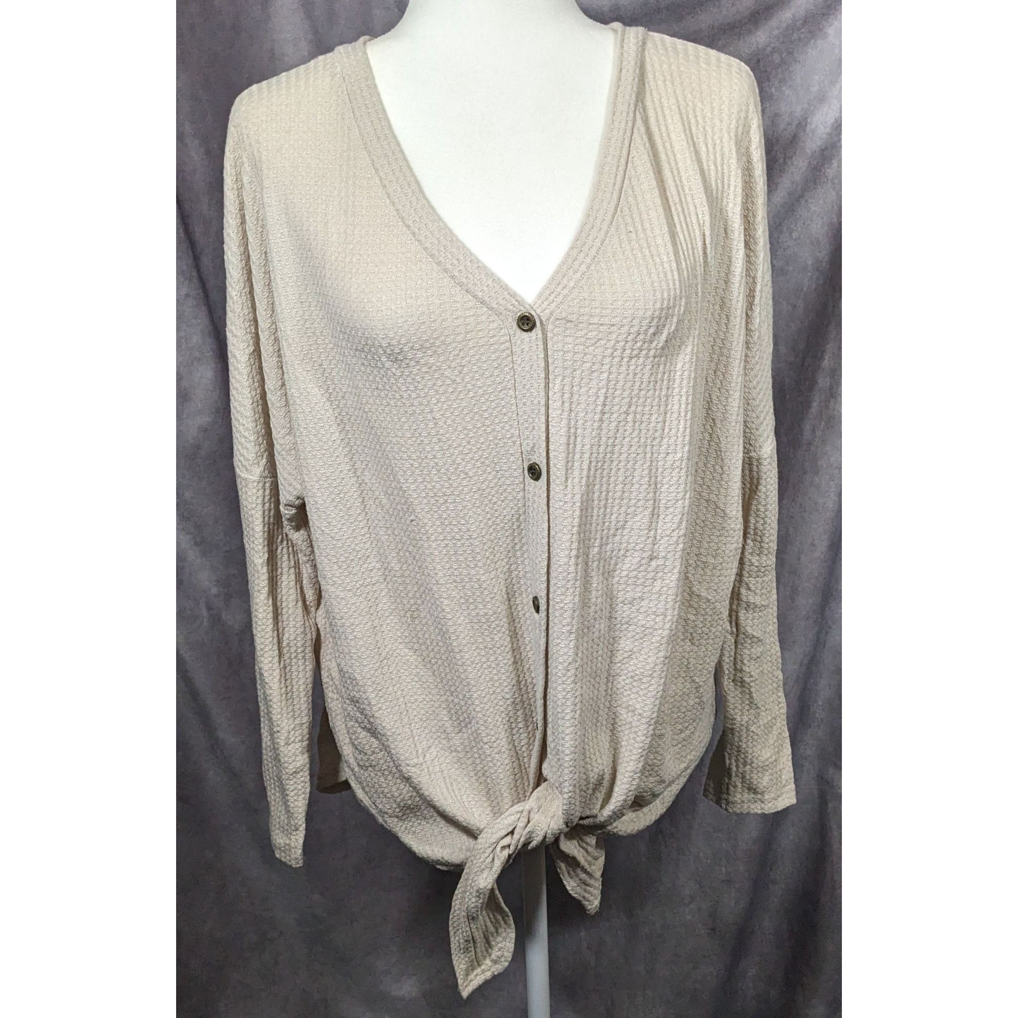 Other Iwollence Cream Waffle Knit Button Down Tie Front Tunic Size L / US 10 / IT 46 - 4 Thumbnail