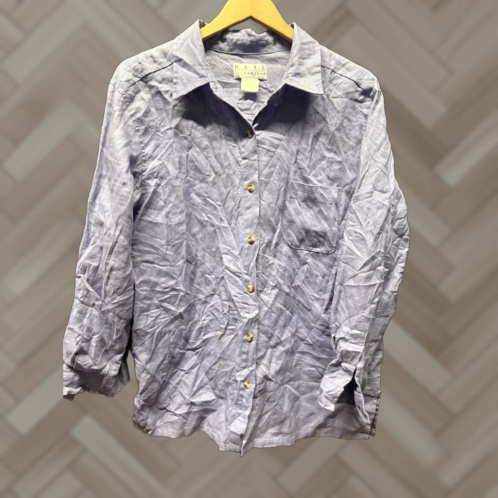 Vintage Real Comfort Shirt Womens L 100% Linen Button Up Long Sleeve Tunic Blue Size L / US 10 / IT 46 - 1 Thumbnail