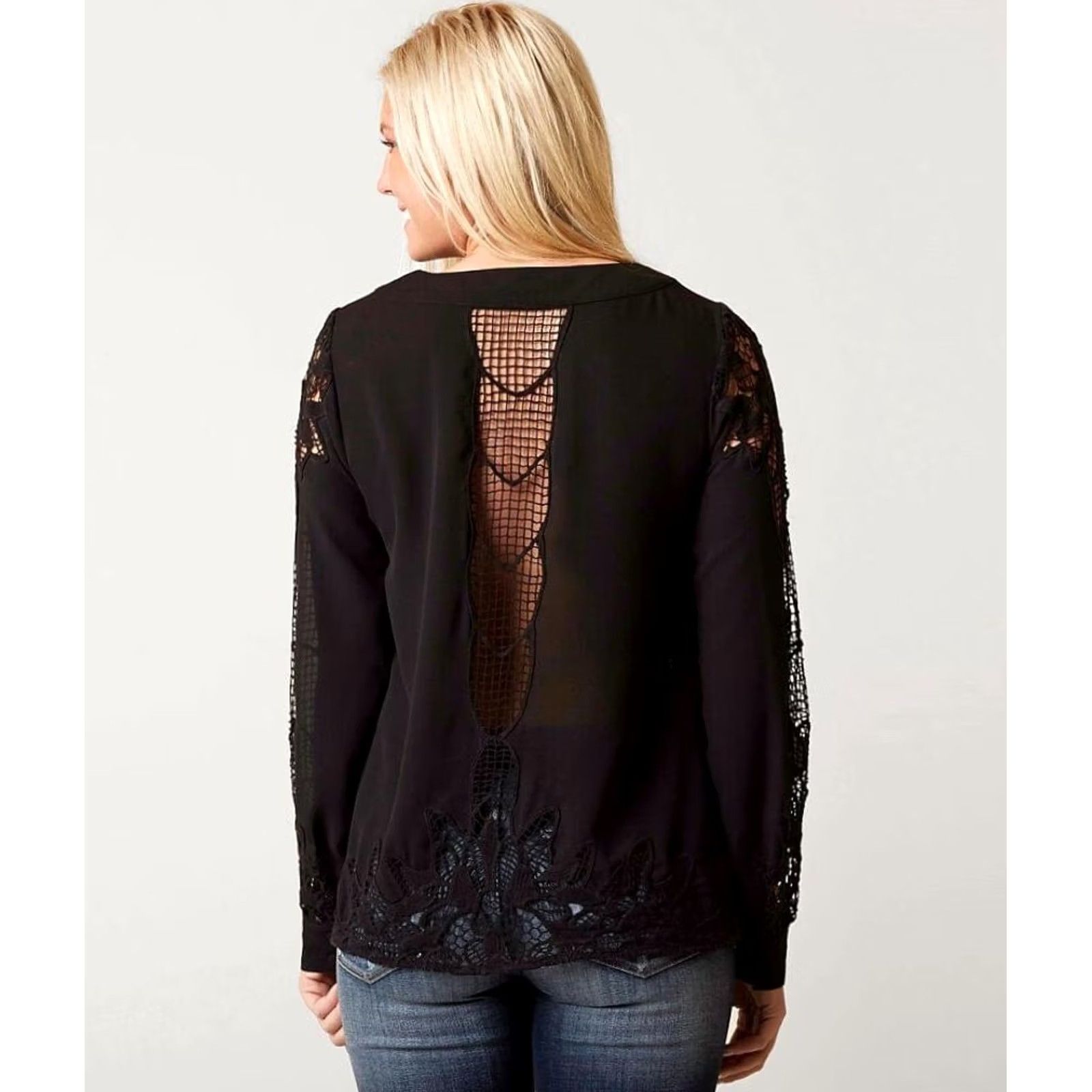 Vintage Gimmicks by BKE Buckle Women Black Gauze Crochet Lace-Up Long Sleeve Top Blouse S Size S / US 4 / IT 40 - 2 Thumbnail