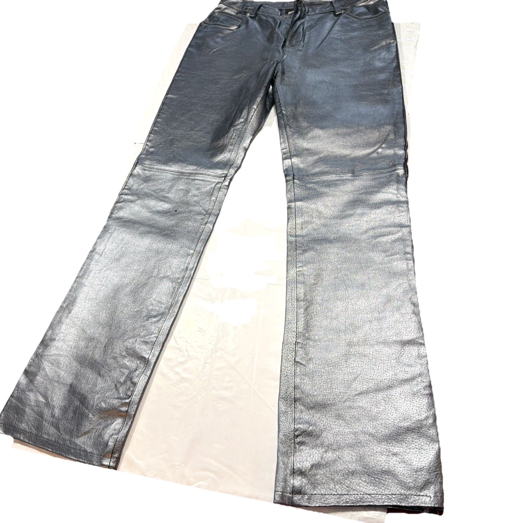 Vintage VINTAGE metrostyle SHINY SILVER LEATHER Pants Lined Bootcut Moto Biker Zip Up Women’s Size 6 Gray 6-Pocket Front Flat Zip Dry Clean Only Boots? Size 28" / US 6 / IT 42 - 2 Thumbnail