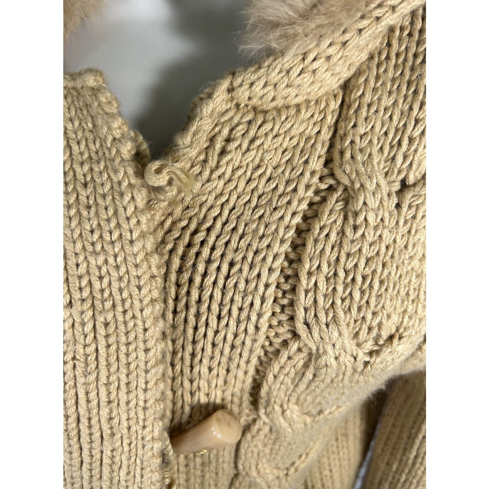 Vintage Kenji Full Zip Sweater Women Handmade Hand Knit Hooded Tan Brown Faux Rabbit Fur Accents Chunky Knit S XL Vintage: No Mens Womens? (Wait) Size S / US 4 / IT 40 - 4 Thumbnail
