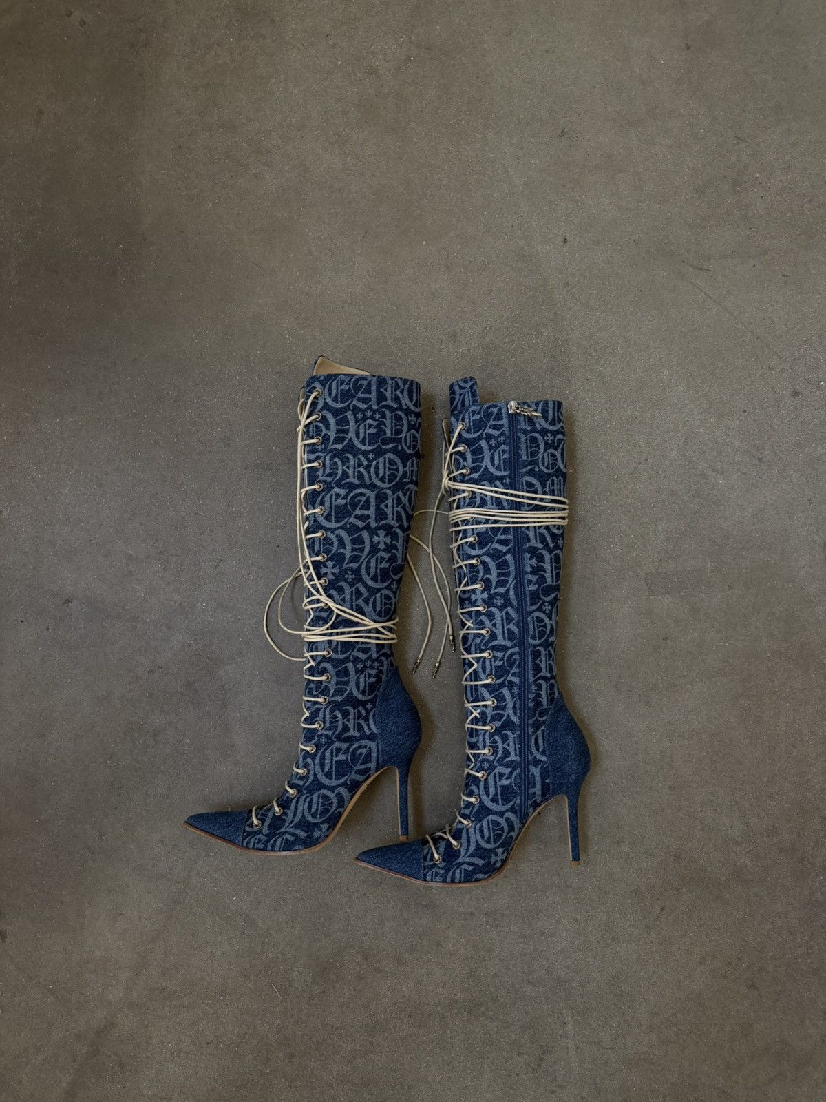 Chrome Hearts Chrome Hearts 'DENIM MONOGRAM' LACE UP KNEE BOOTS Size US 6.5 / IT 36.5 - 1 Thumbnail