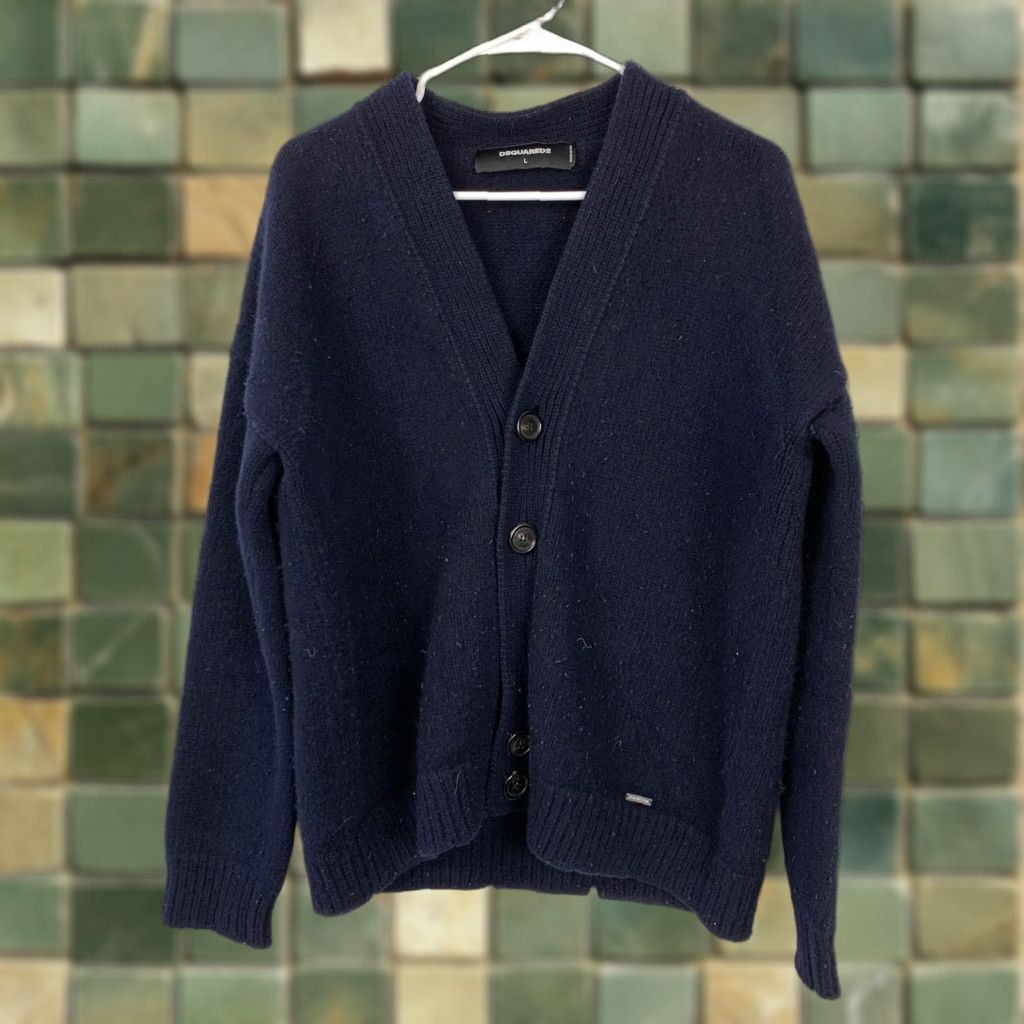 Dsquared2 Dsquared2 Men's Navy Blue V-Neck Wool Cardigan Sweater L Size US L / EU 52-54 / 3 - 1 Thumbnail