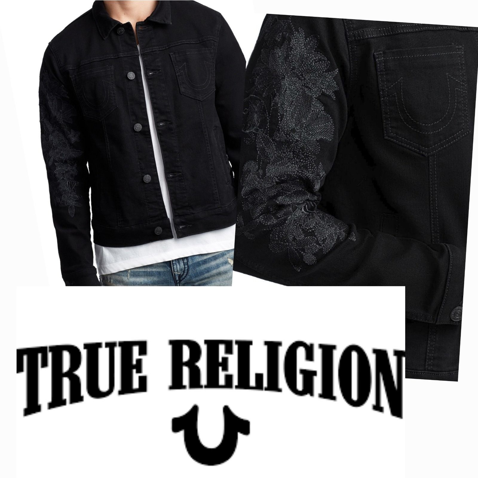 True Religion Dylan Black Denim Jacket 3XL Floral Embroidery
