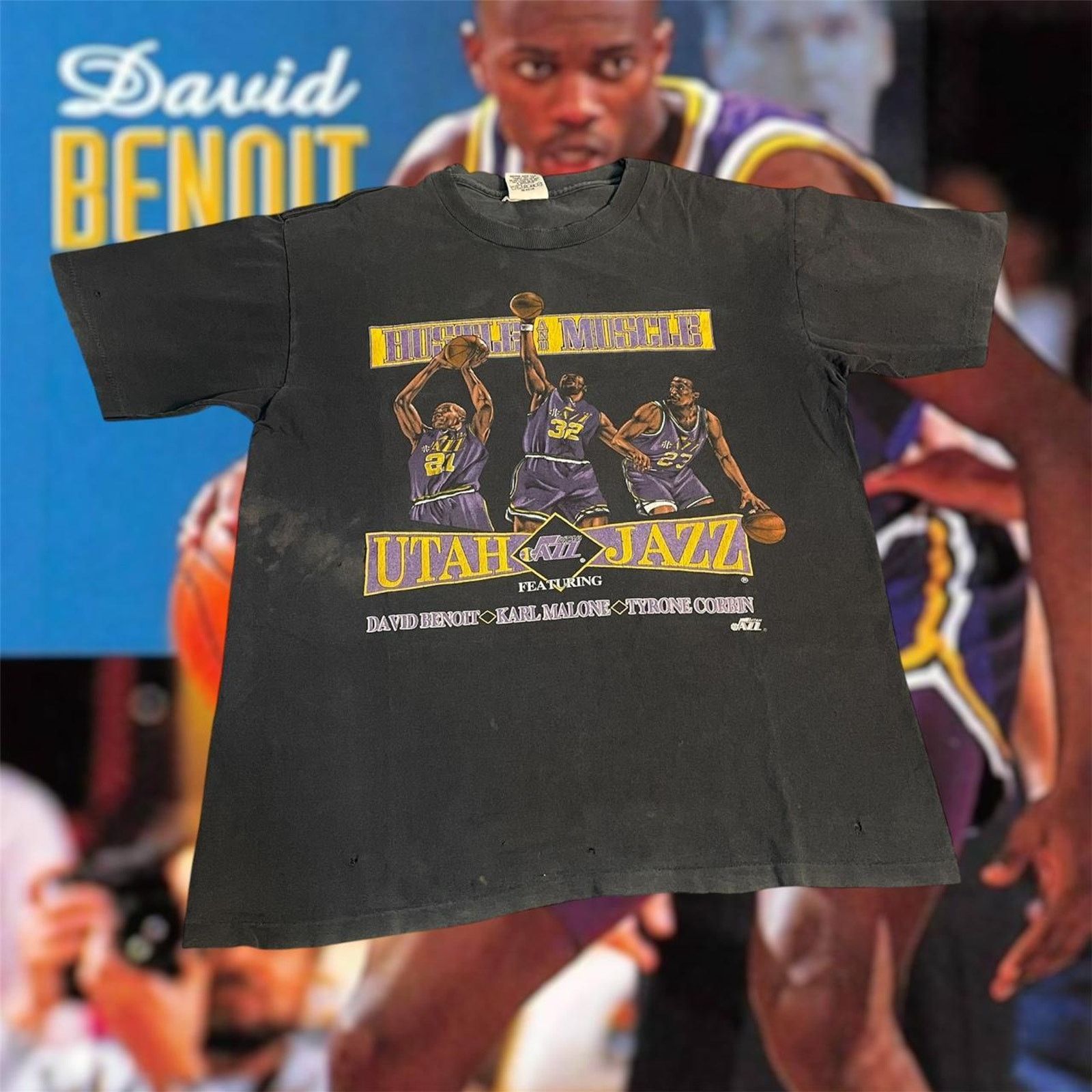 NBA × Nutmeg × Vintage 90s NBA David Benoit Karl Malone Tyrone Corbin Utah Jazz Tee Size US XL / EU 56 / 4 - 1 Thumbnail