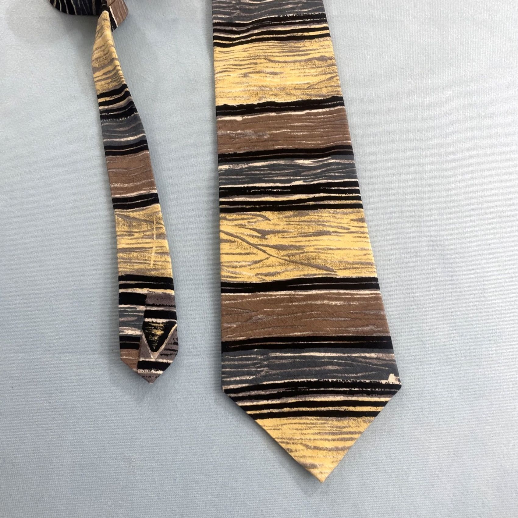 Vintage VINTAGE Wembley Tie 4x57" Silk Linen Abstract Stripe Yellow Brown Black Wide Necktie Mens 1990s vintage capsu le Size ONE SIZE - 3 Thumbnail