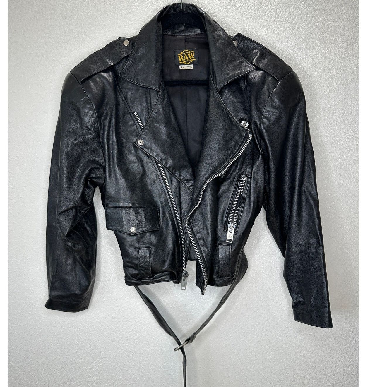 Other Raw Black Leather Silver Zip & Hardware Belted Moto Jacket L Size L / US 10 / IT 46 - 1 Thumbnail