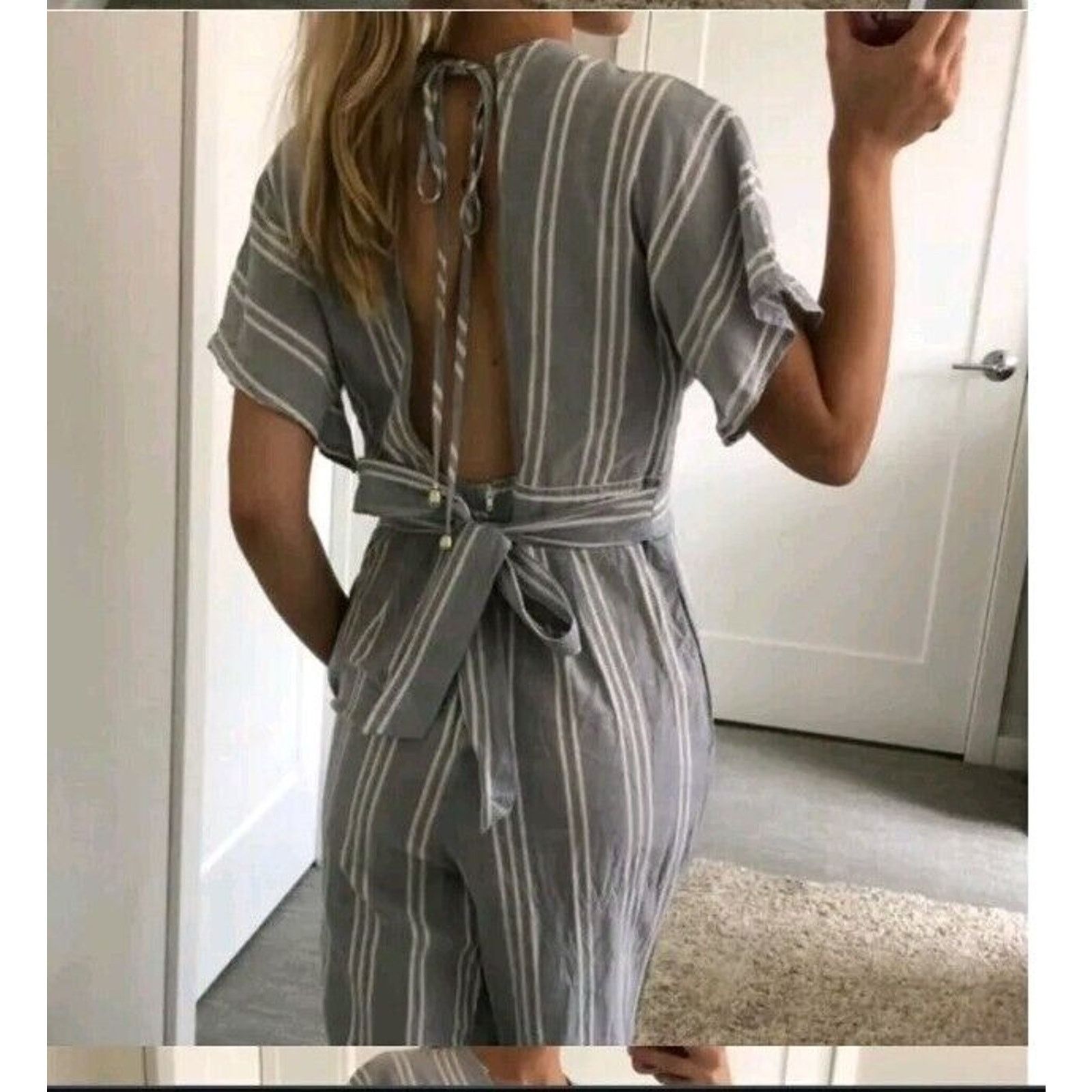 Zara Deep V Jumpsuit Romper Blue Stripe Open Back Wide Leg XS 3 Size 24" / US 00 / IT 34 - 10 Thumbnail