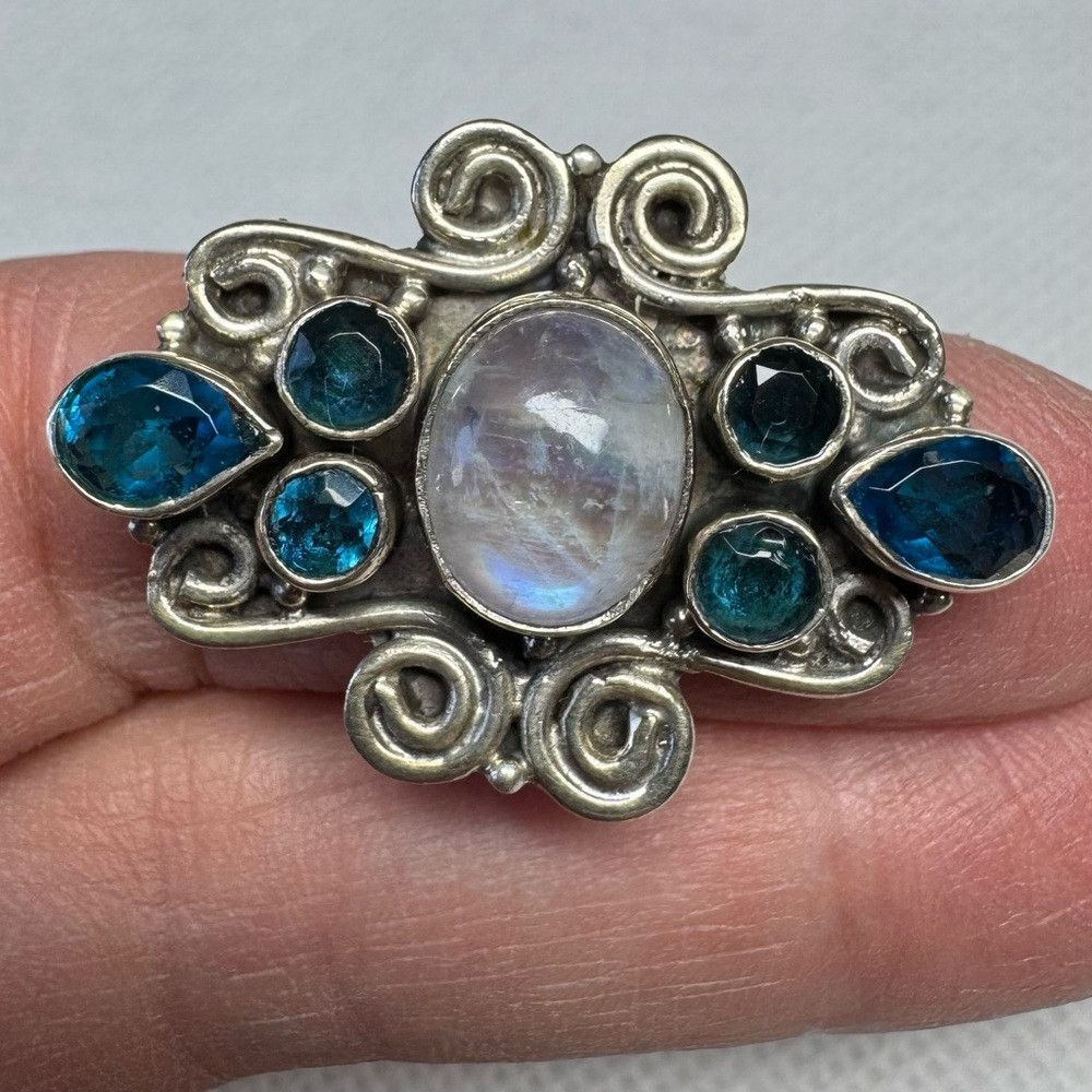 Other VIntage Art Deco Artisan Sterling Silver Ring with Blue Whi Size ONE SIZE - 4 Thumbnail