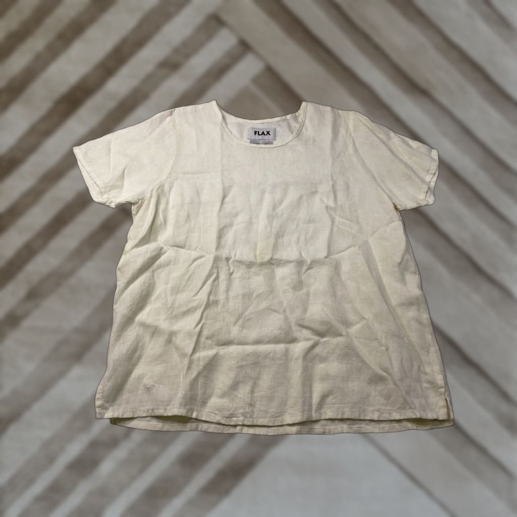FLAX FLAX White Linen Short Sleeve Top Womens S Round Neck Pullover Casual Relaxed 100% Linen Minimalist Beach Bohemian Nature Tropical Size S / US 4 / IT 40 - 1 Thumbnail