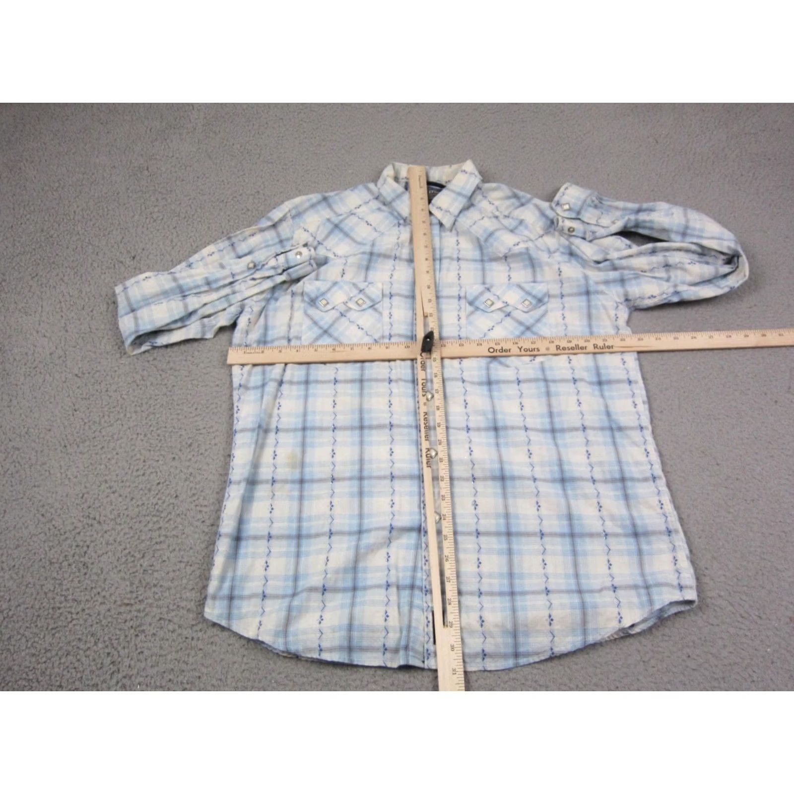 Vintage Rough Stock Shirt Mens Large White Blue Plaid Panhandle Western Slim Snap 90s Size US L / EU 52-54 / 3 - 5 Thumbnail