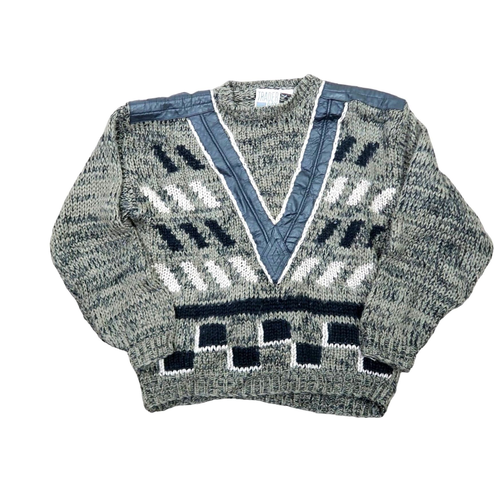 Olive VINTAGE 80s Trader Bay olive green and black knit and leather sweater L Women Geometric Chunky-Knit Balloon Sleeve Size L / US 10 / IT 46 - 6 Thumbnail
