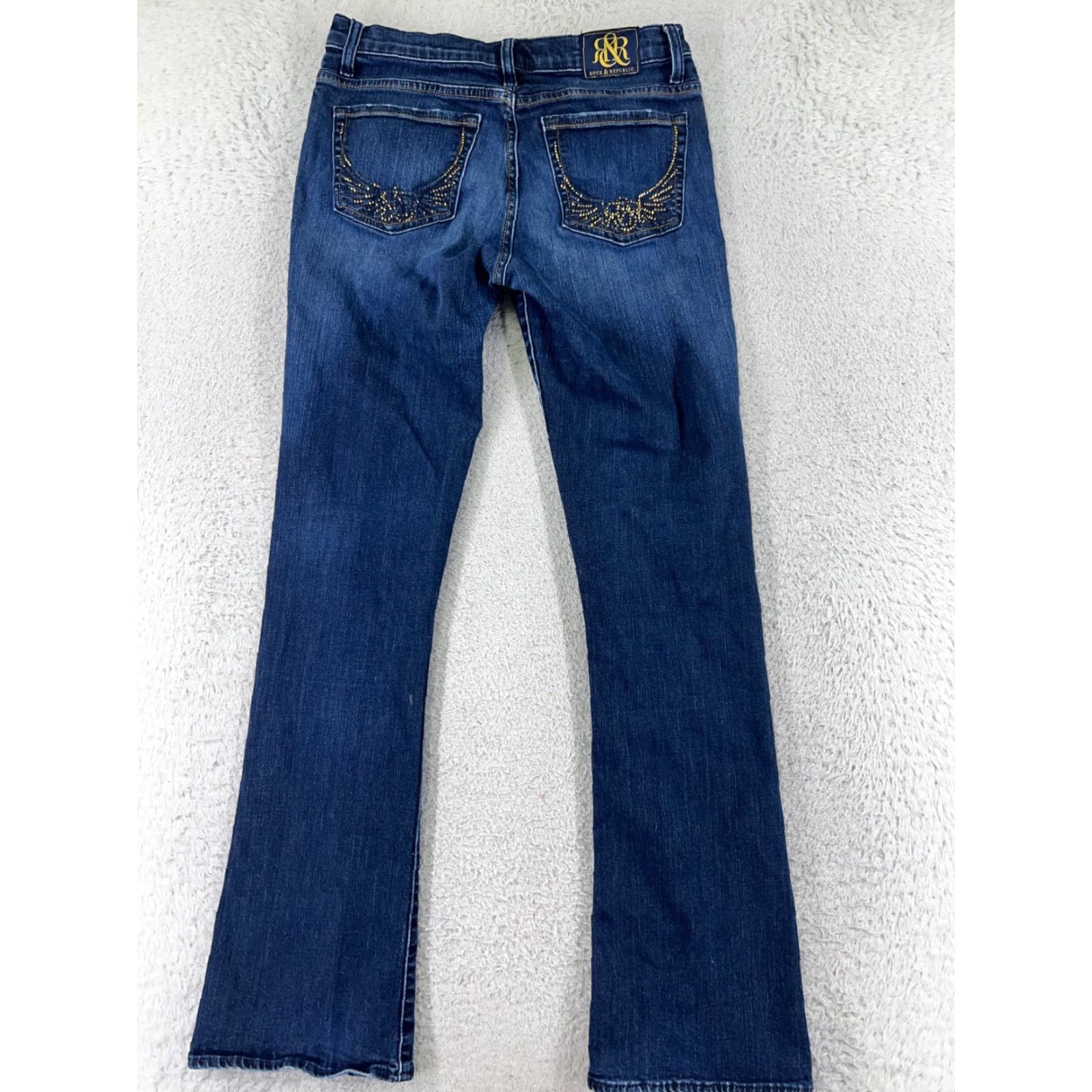 Vintage Rock & Republic Jeans Womens 8 Blue Denim Flared 5-Pocket Regular Stretch Cotton Blend Rock Pattern Vintage: No Size 30" / US 8 / IT 44 - 2 Thumbnail