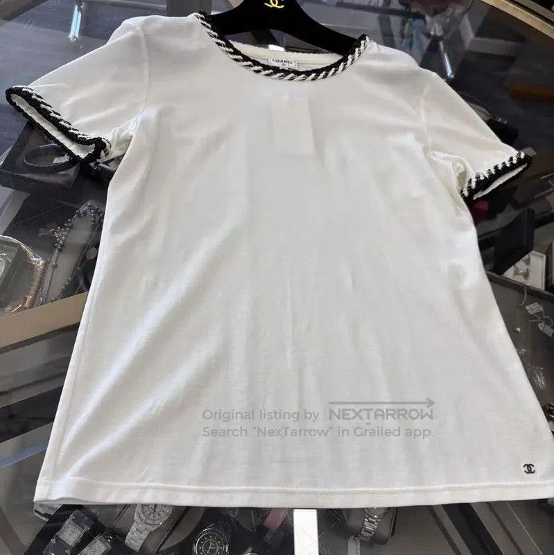 Chanel Chanel White Cotton T-shirt with Black Trim . Size L / US 10 / IT 46 - 3 Thumbnail