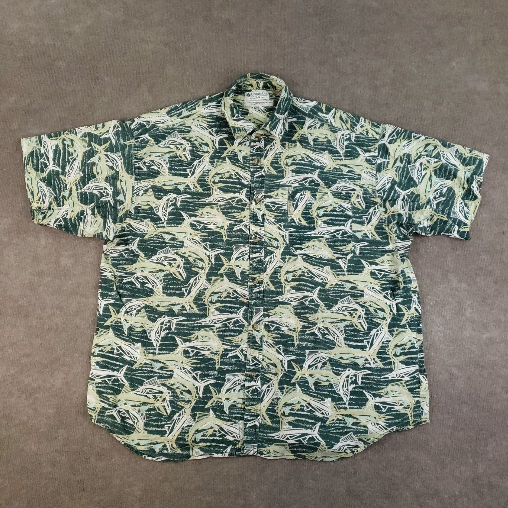 Vintage VINTAGE Columbia Shirt Mens 2XL Green Beige Fish Short Sleeve Button Up Y2K Z Size US XXL / EU 58 / 5 - 2 Thumbnail