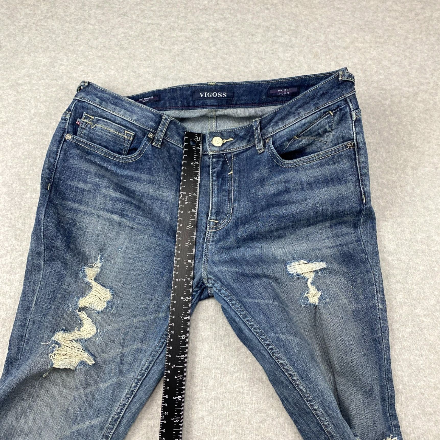Vintage VIGOSS The Chelsea Skinny Jeans Womens 35 x 30 Blue Distressed Stretch Denim Skinny Pants Regular Blue Womens Size 24" / US 00 / IT 34 - 6 Thumbnail
