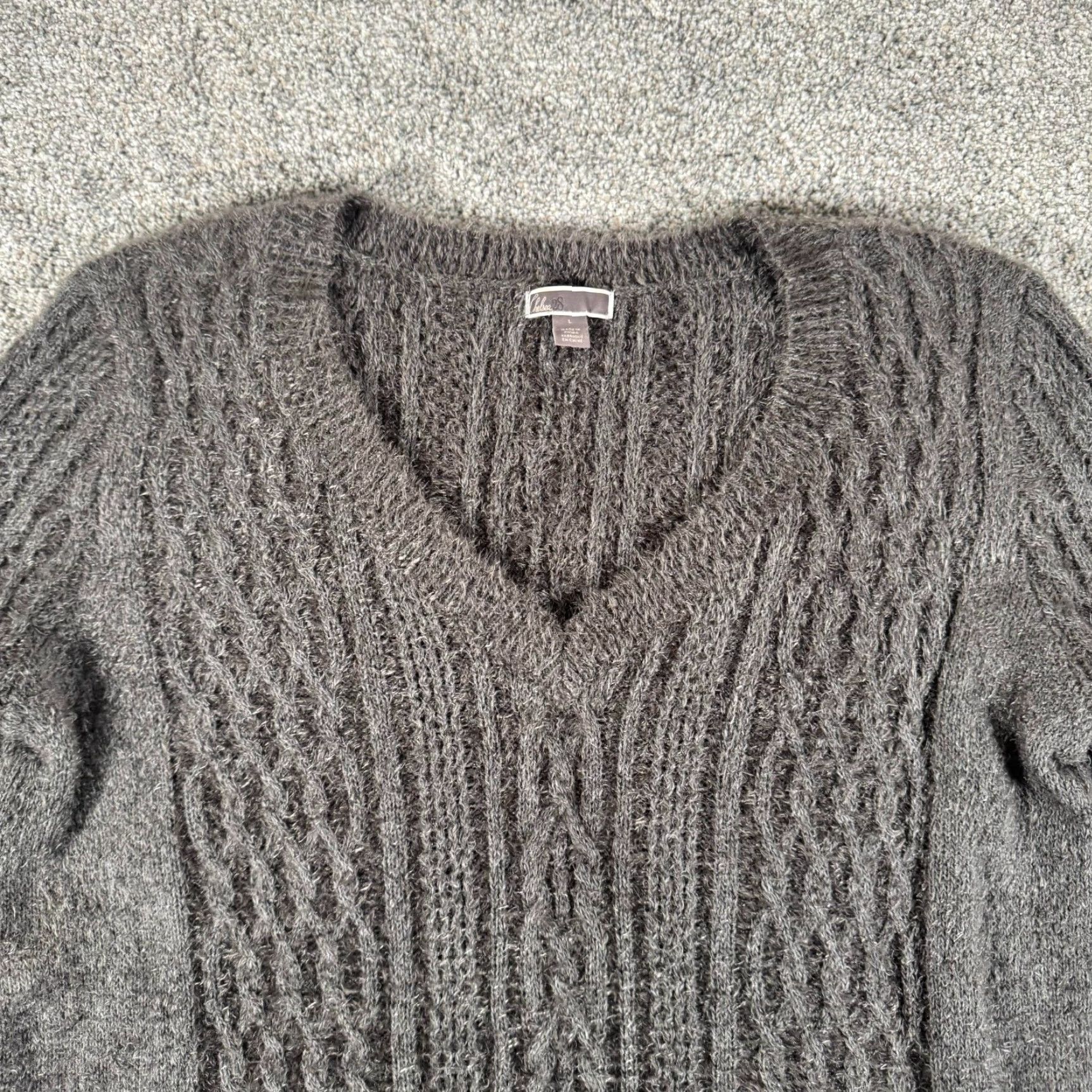 Vintage Chelsea28 Sweater Womens Large V-Neck Cable-Knit Cashmere Wool Blend Gray Pullover, Regular Fit, Soft Fuzzy Knit, Long Sleeve, Casual Size L / US 10 / IT 46 - 3 Thumbnail