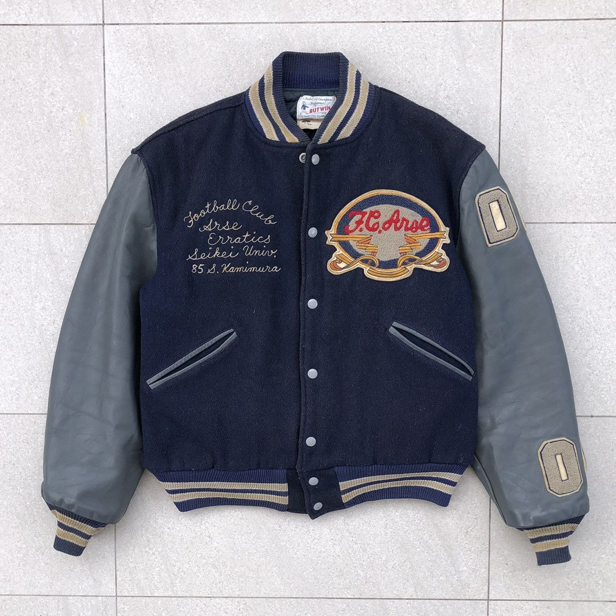 Vintage Vintage 80s Erratics Arse Embroidered Varsity Jacket Size US L / EU 52-54 / 3 - 3 Thumbnail