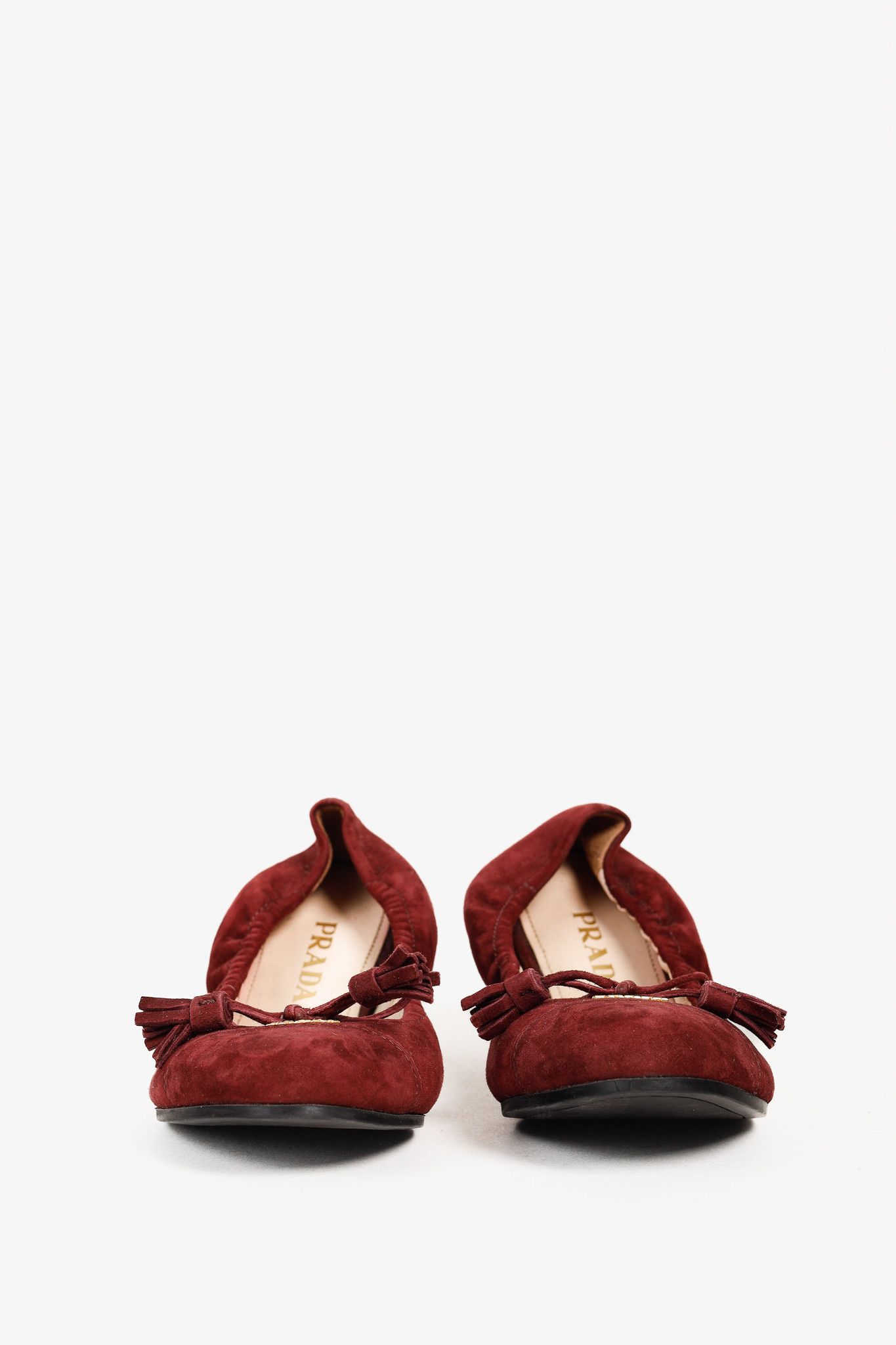 Prada Prada Burgundy Suede Tassel-Bow Scrunch Ballet Flat Size US 5.5 / IT 35.5 - 3 Thumbnail