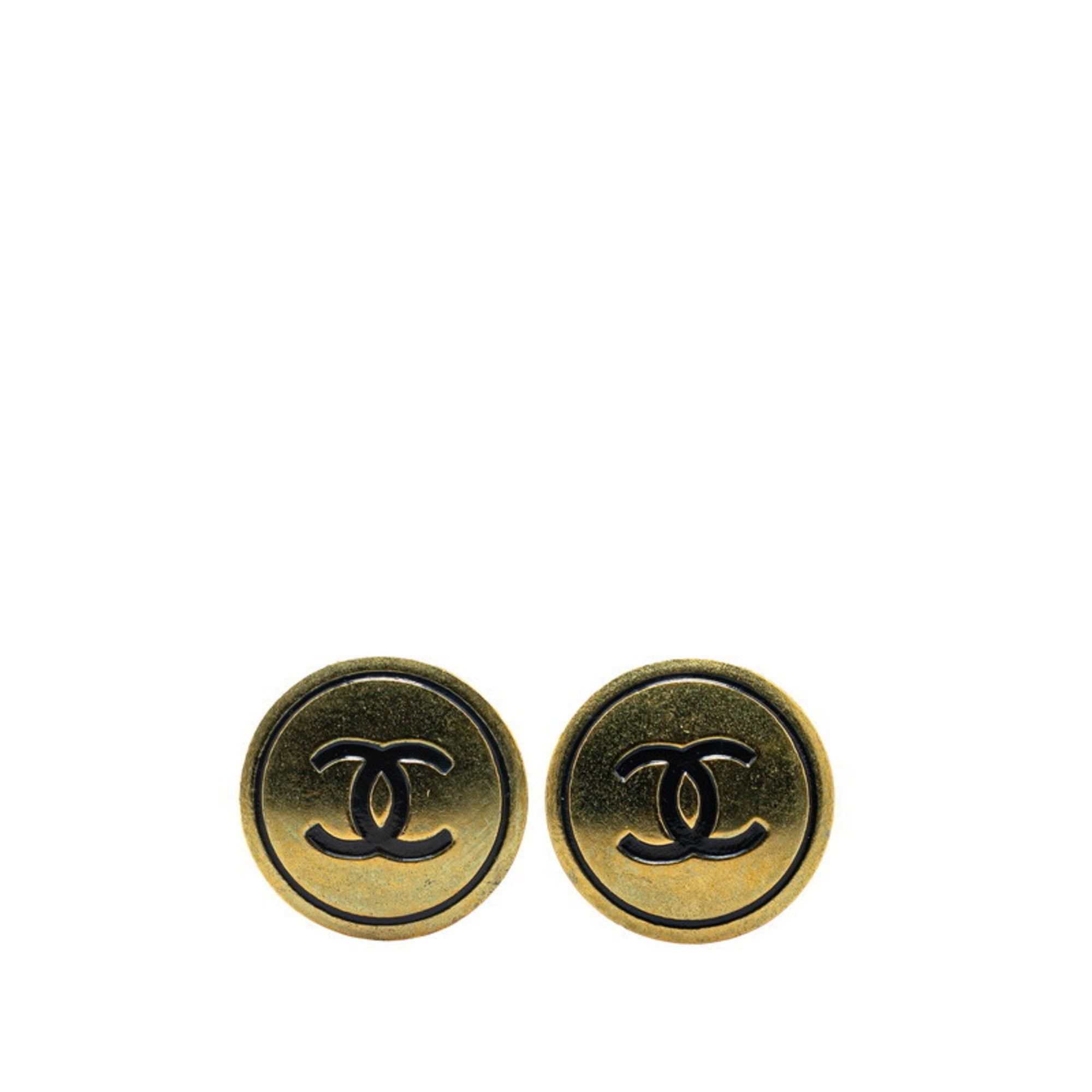 Chanel Coco Mark Earrings Gold Black Plated Women's CHANEL