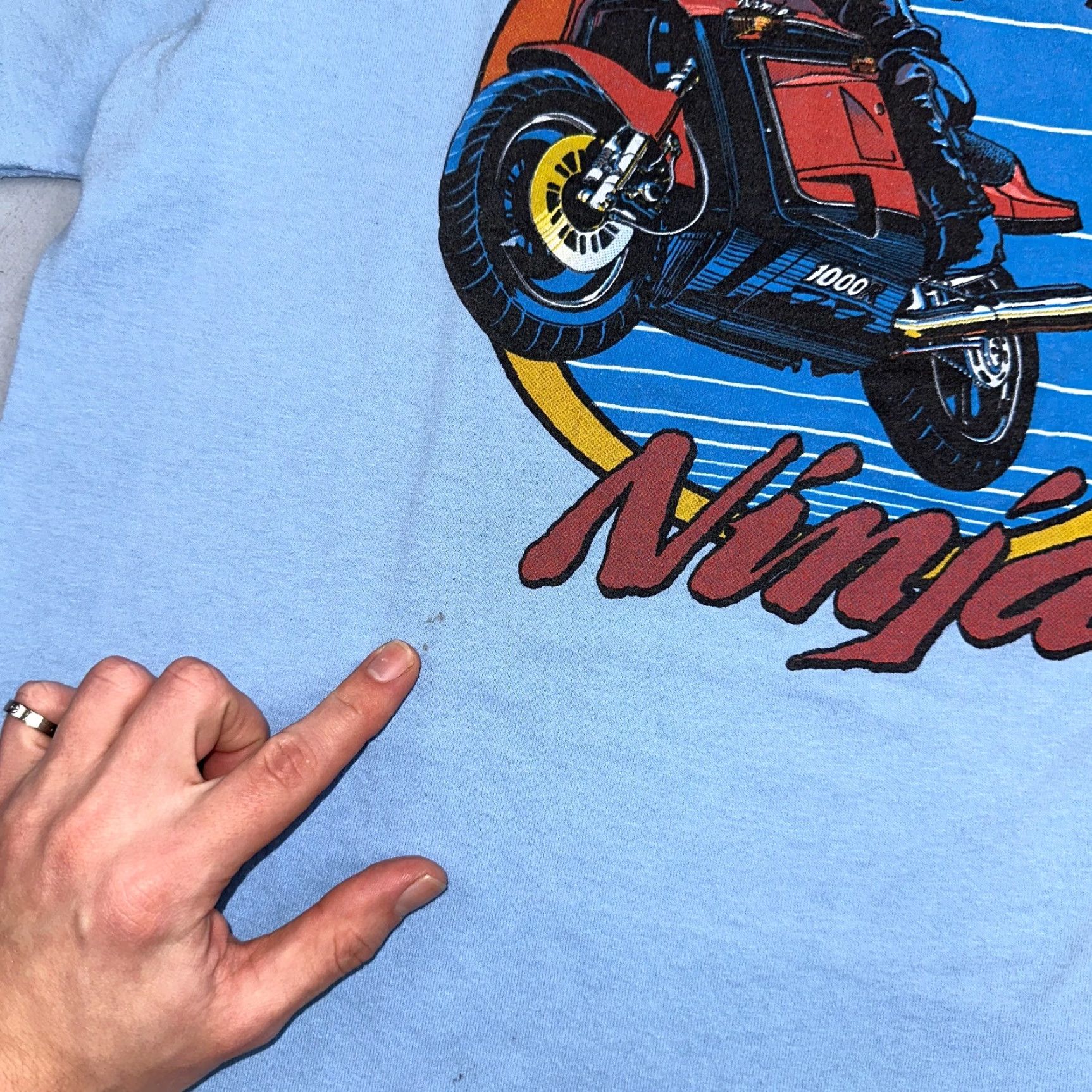 Vintage VINTAGE Screen Stars Motorcycle Ninja 80s VTG T Shirt Short Sleeve Crew Neck L Blue Mens Graphic Print 80s Theme Size US L / EU 52-54 / 3 - 4 Thumbnail