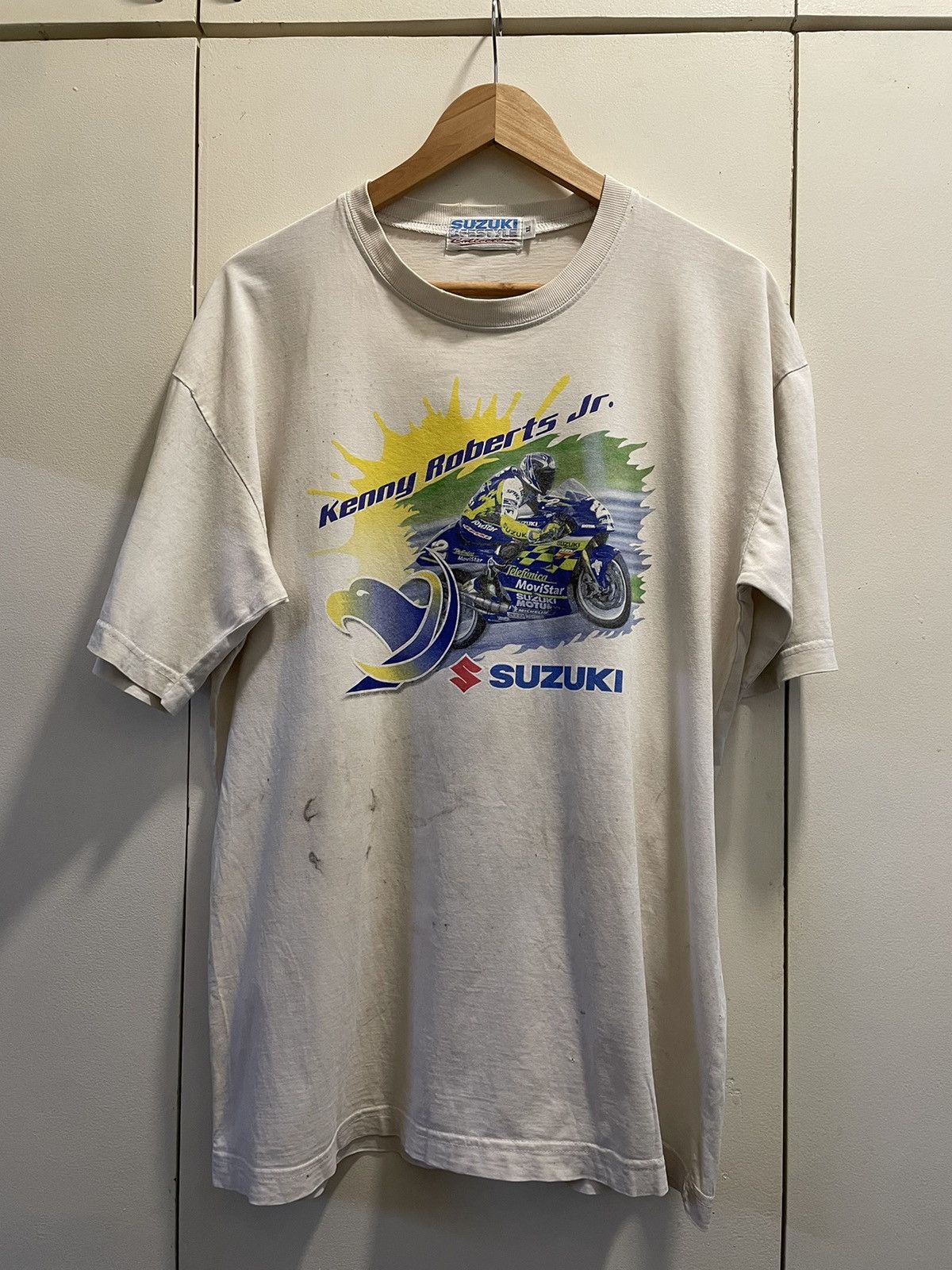 image of Racing x Slightly Distressed Suzuki Tee Vintage Distressed 90's Team Suzuki Kenny Roberts Tshirt in